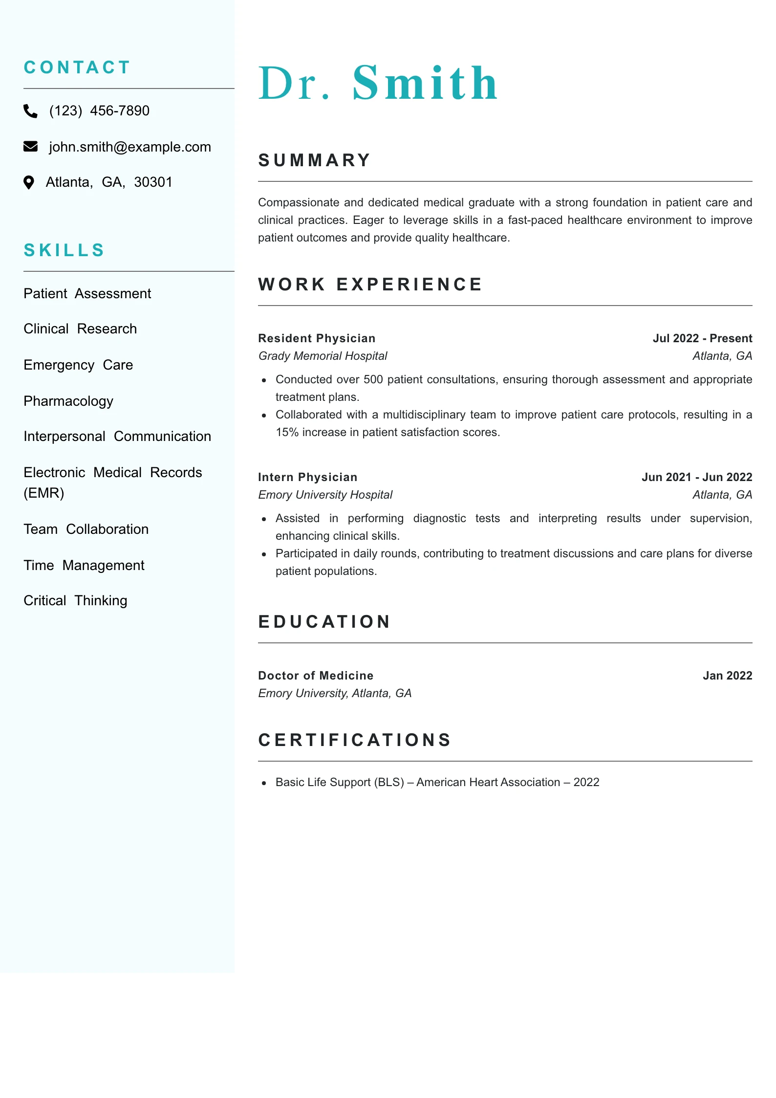 Entry Level Doctor Resume Example
