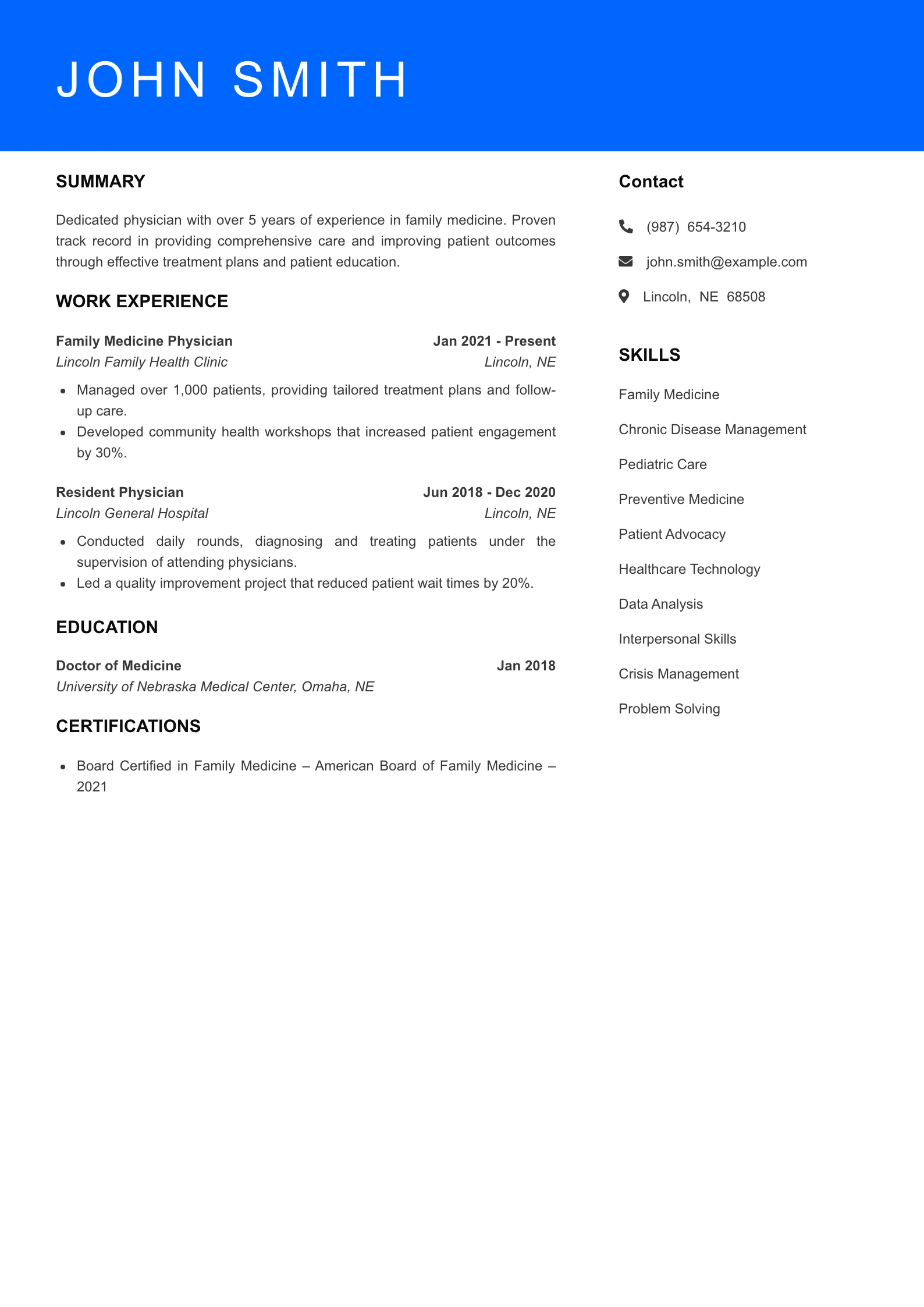 Mid Level Doctor Resume Sample