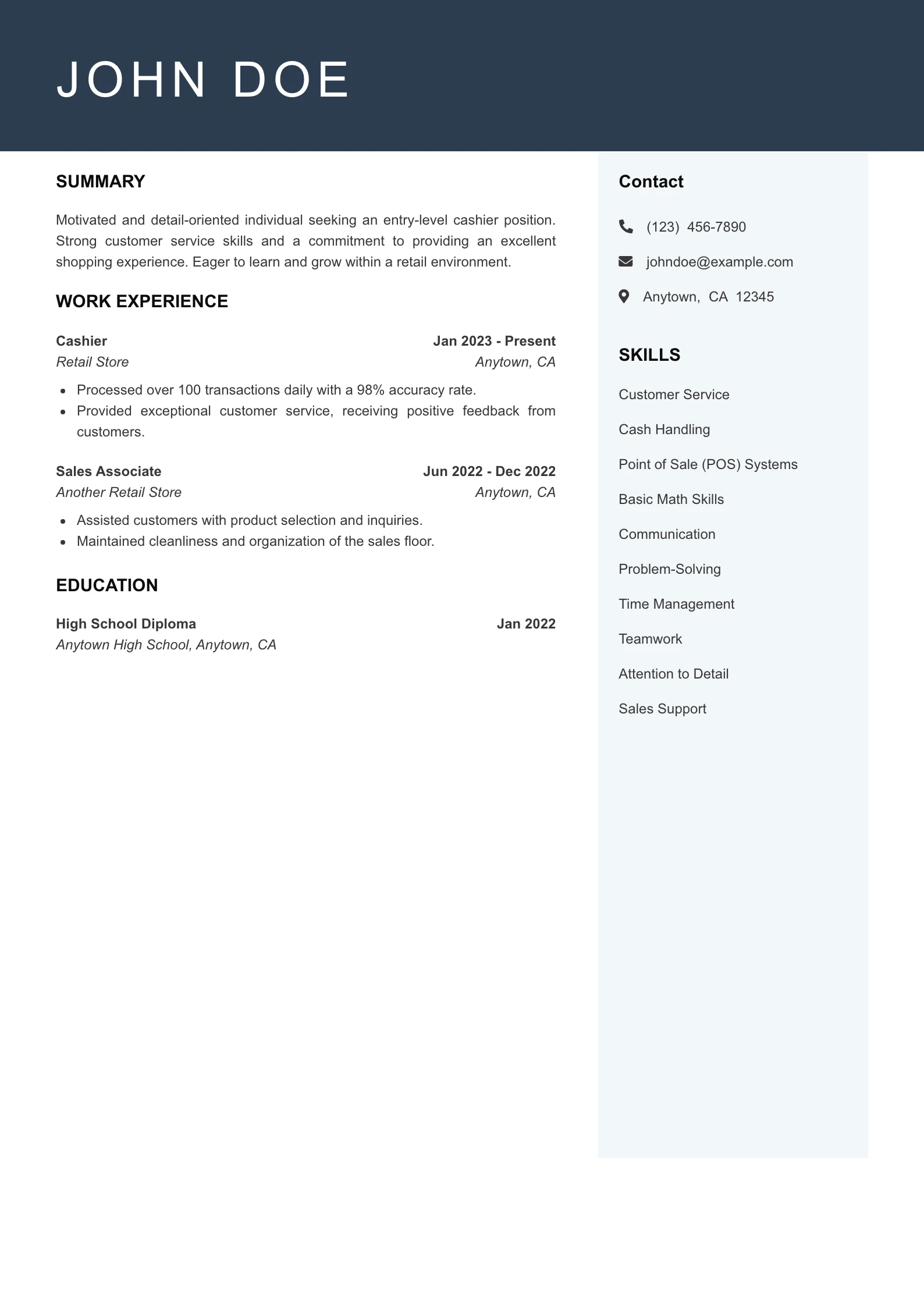 Entry Level Cashier Resume Example