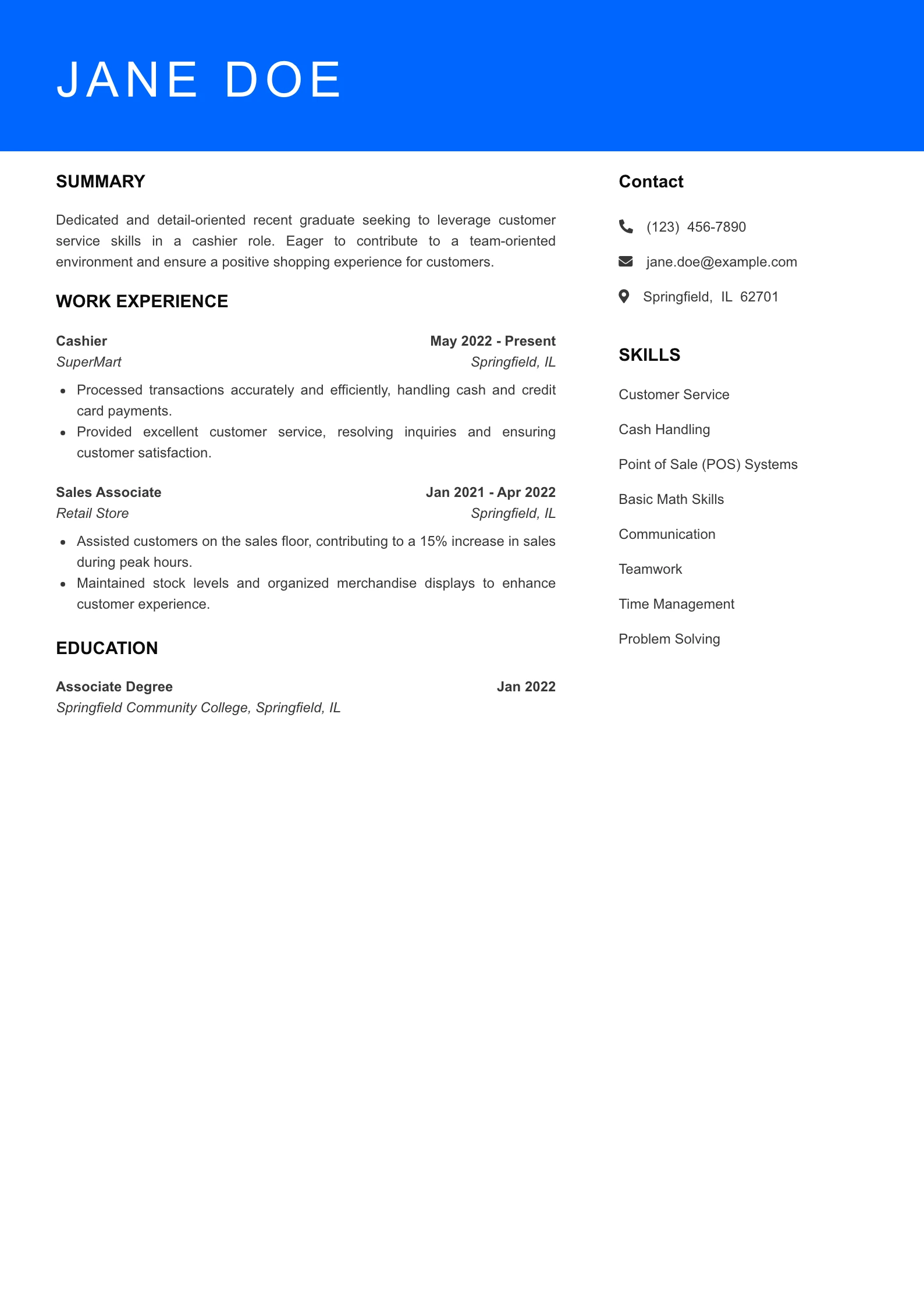 Selected Cashier Resume