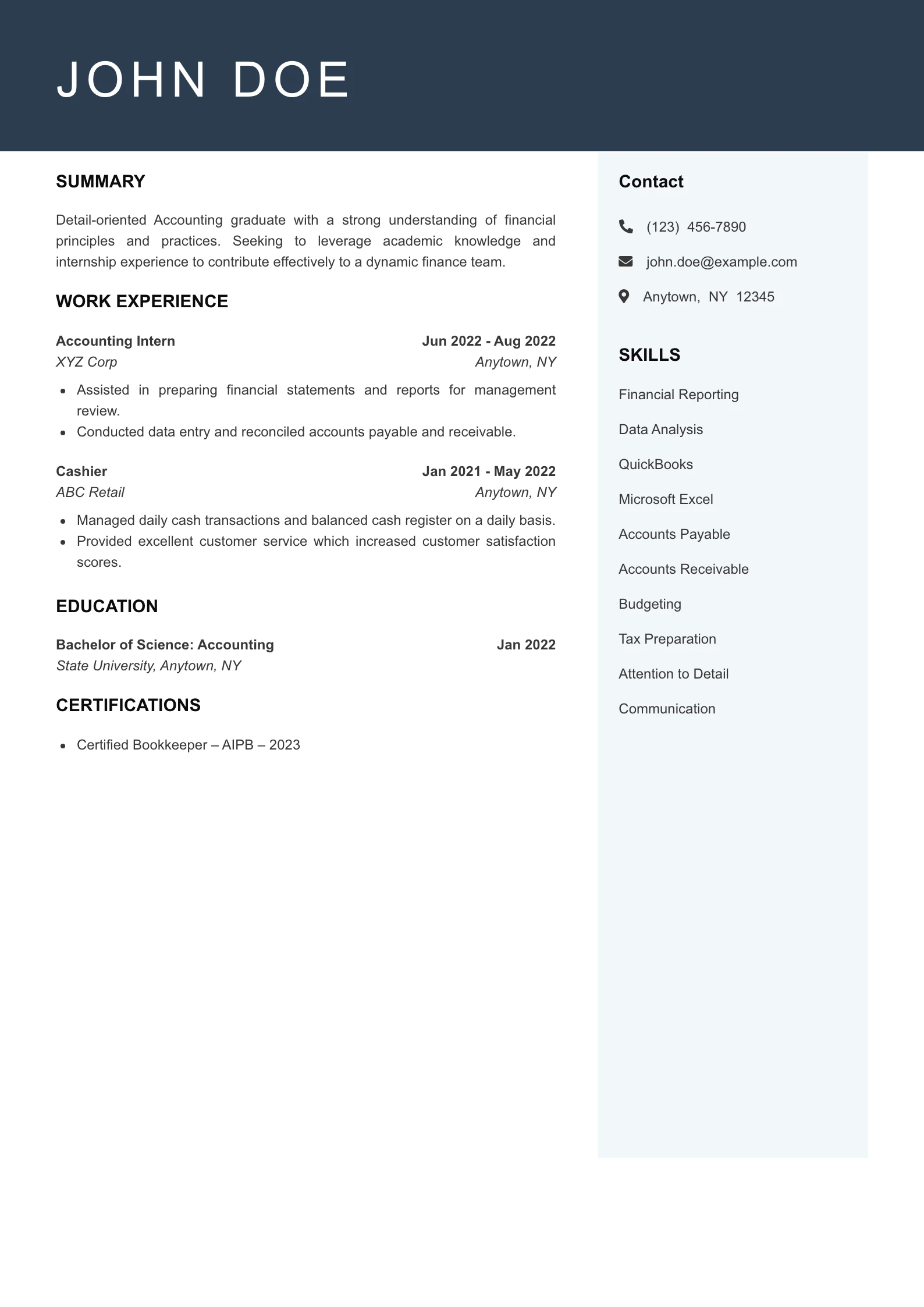 Entry Level Accountant Resume Example