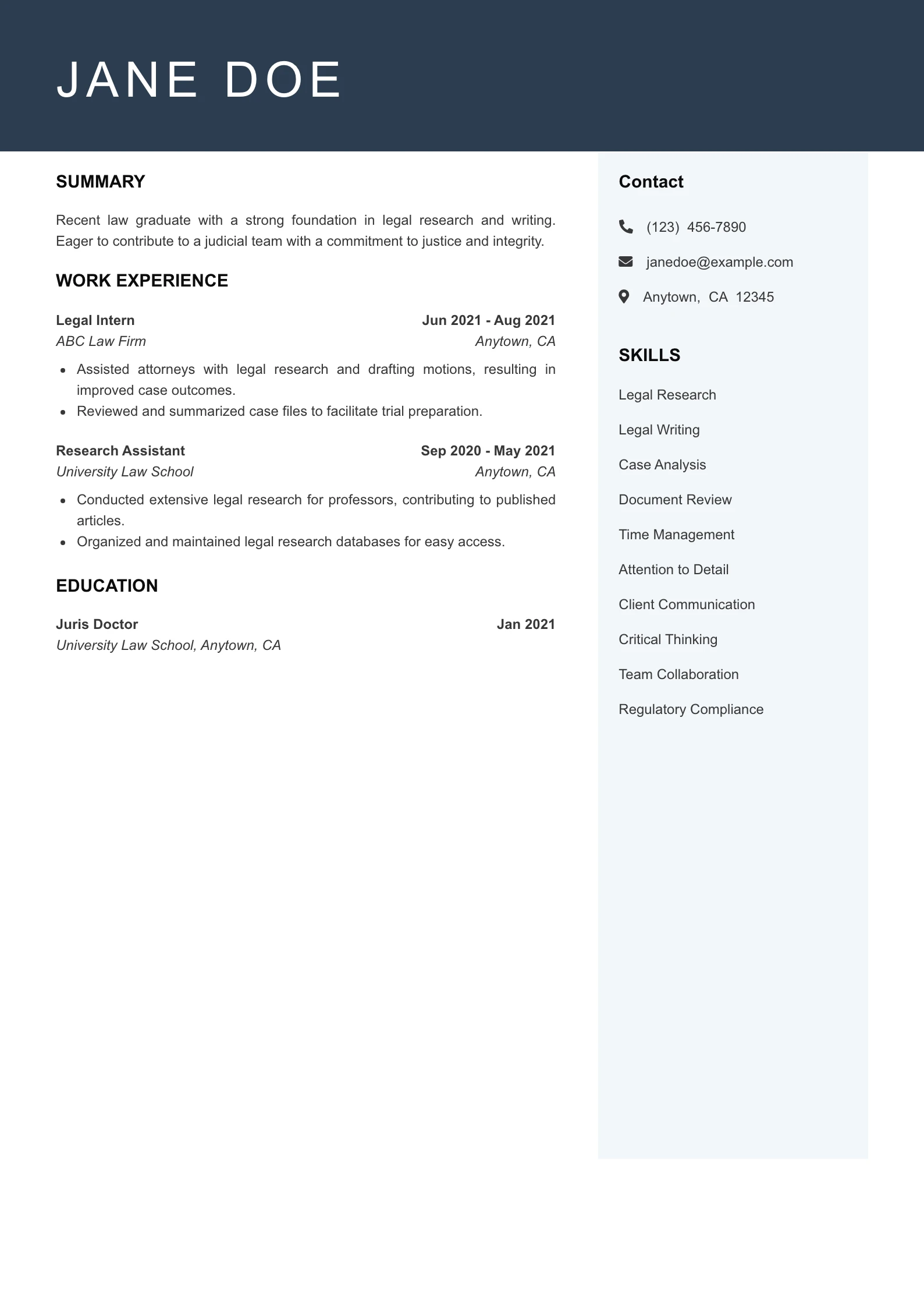 Entry Level Judicial Law Clerk Resume Example
