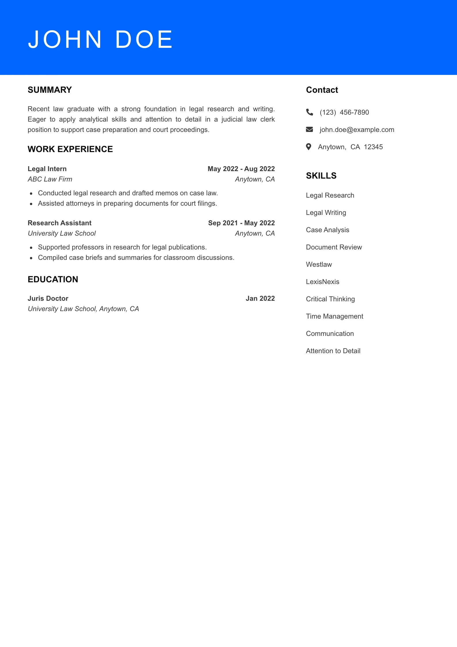 Selected Judicial Law Clerk Resume