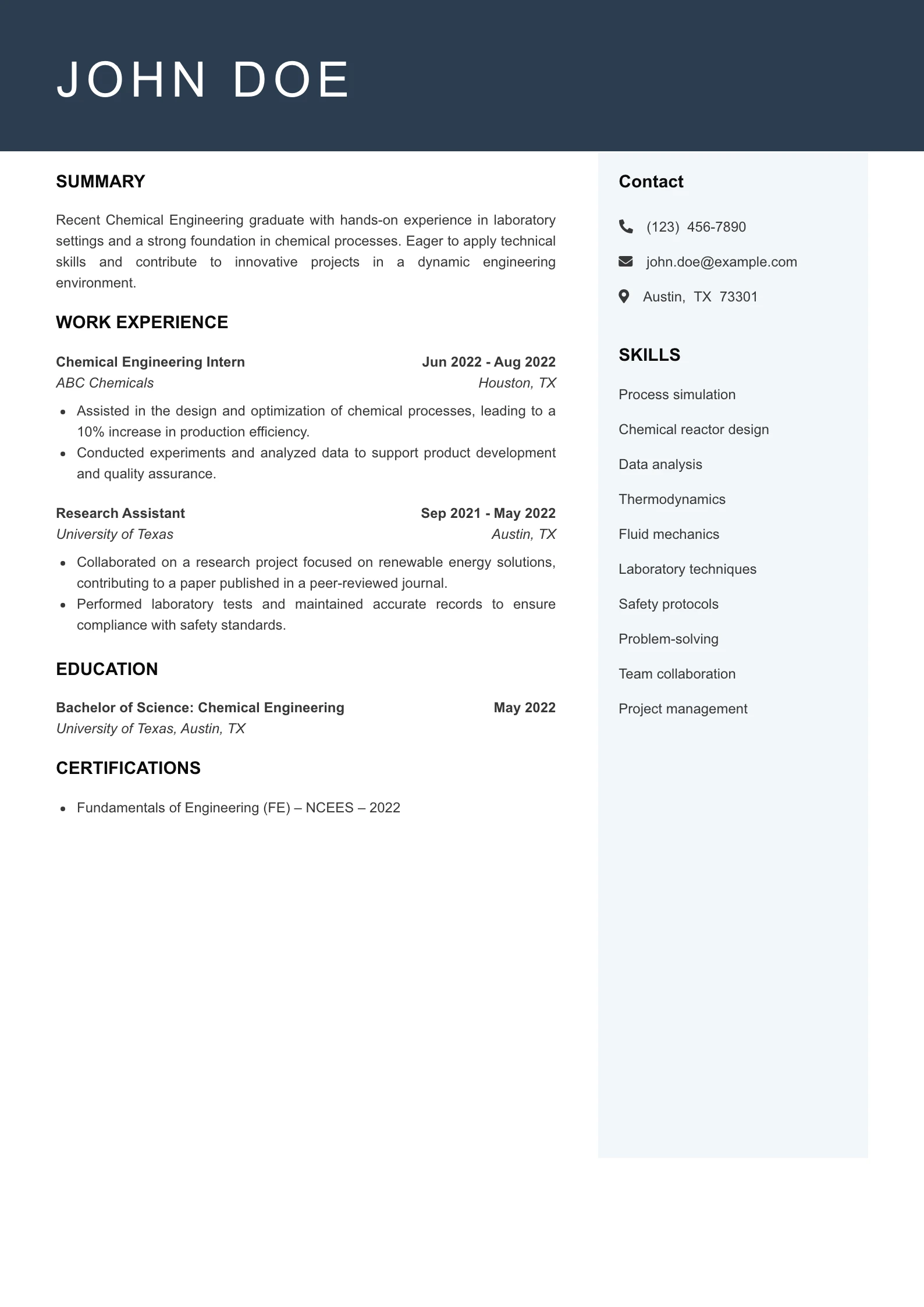 Entry Level Chemical Engineer Resume Example