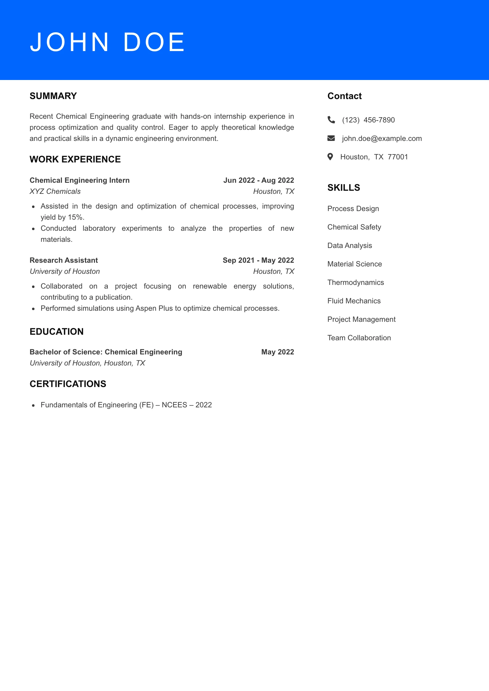 Selected Chemical Engineer Resume