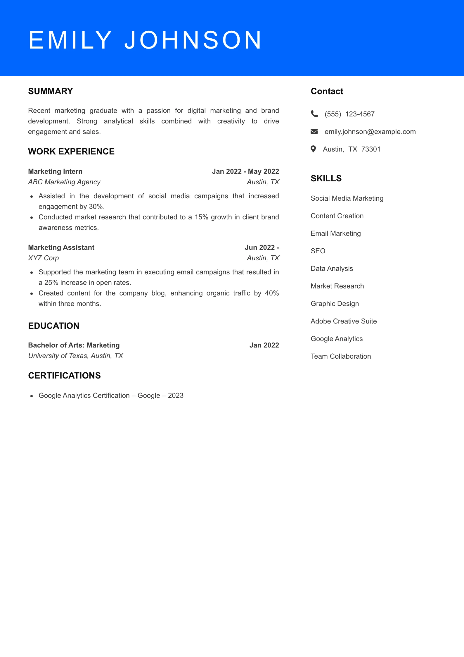 Entry Level Marketing Manager Resume Example