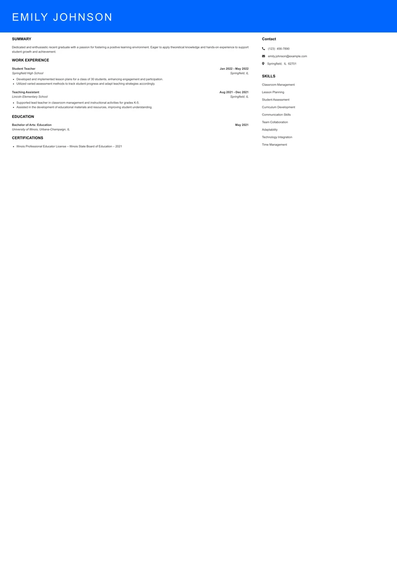 Selected Teacher Resume