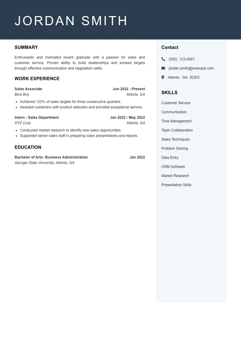 Entry Level Sales Resume Example