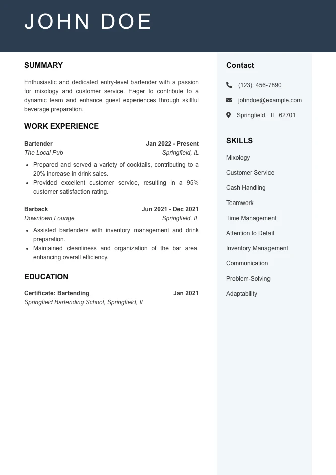 Entry Level Bartender Resume Example