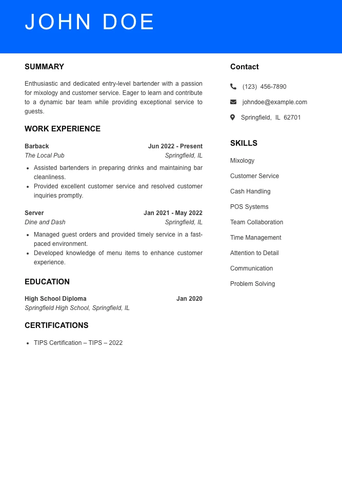 Selected Bartender Resume