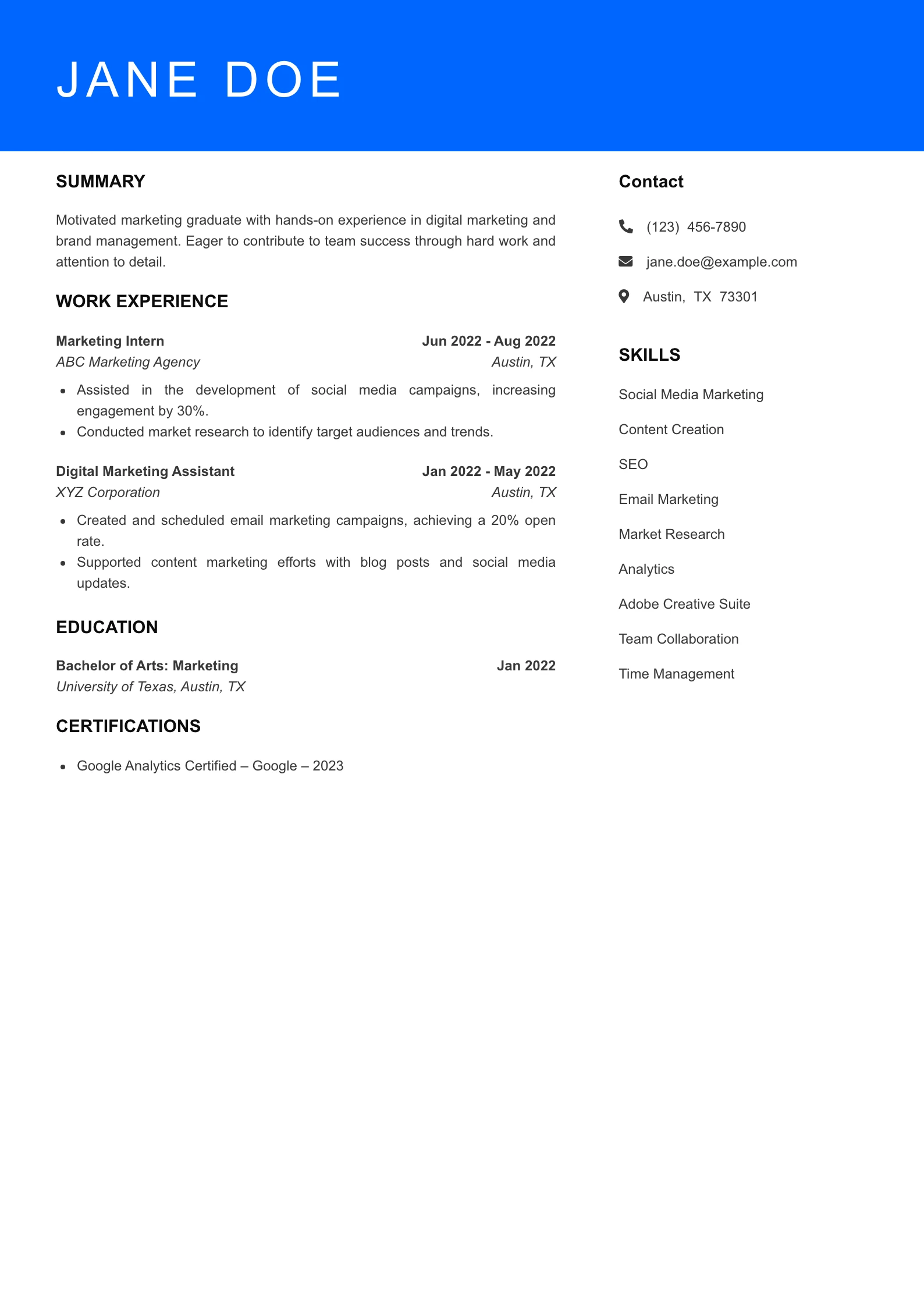 Selected Marketing Manager Resume