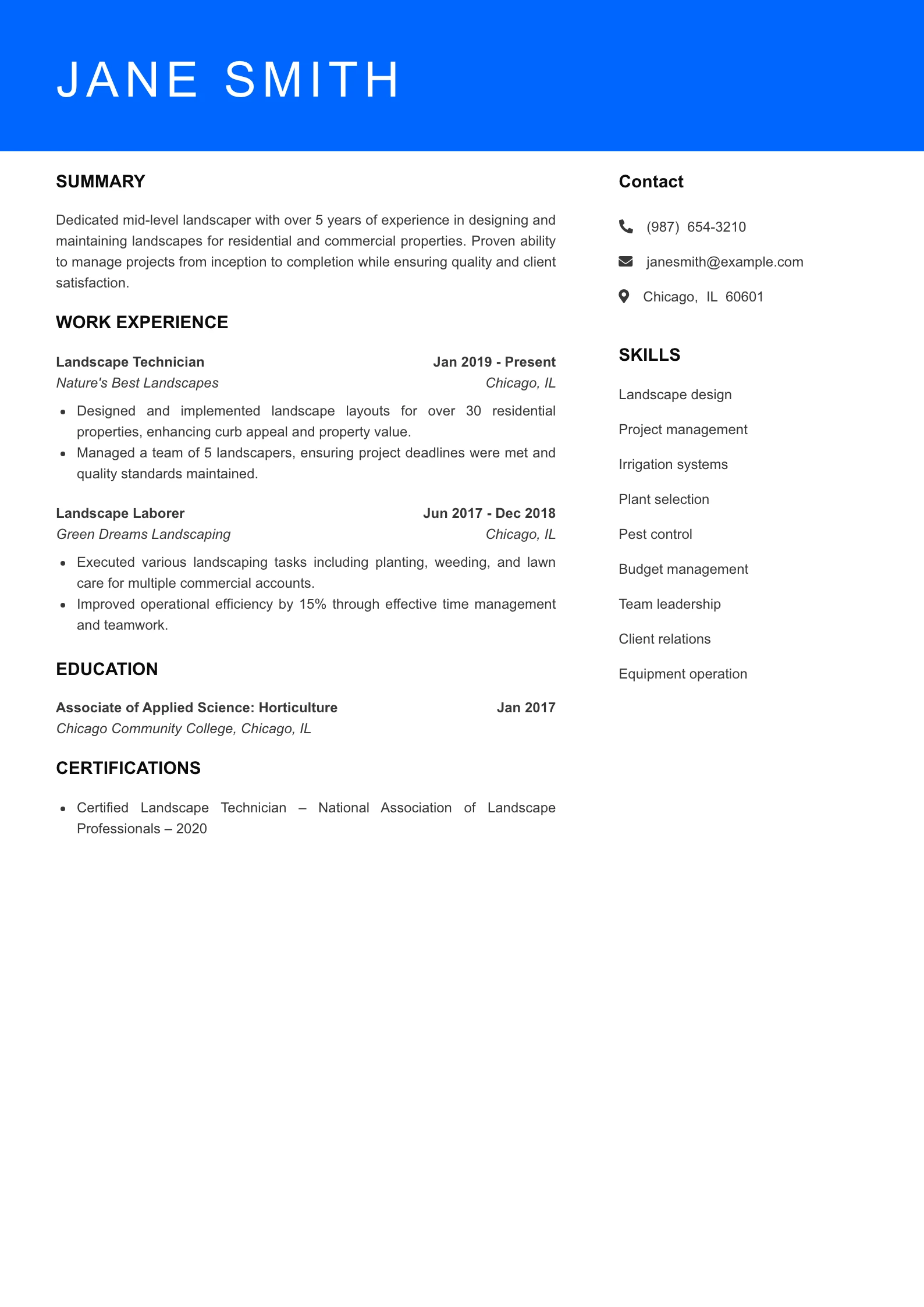 Mid Level Landscaper Resume Sample