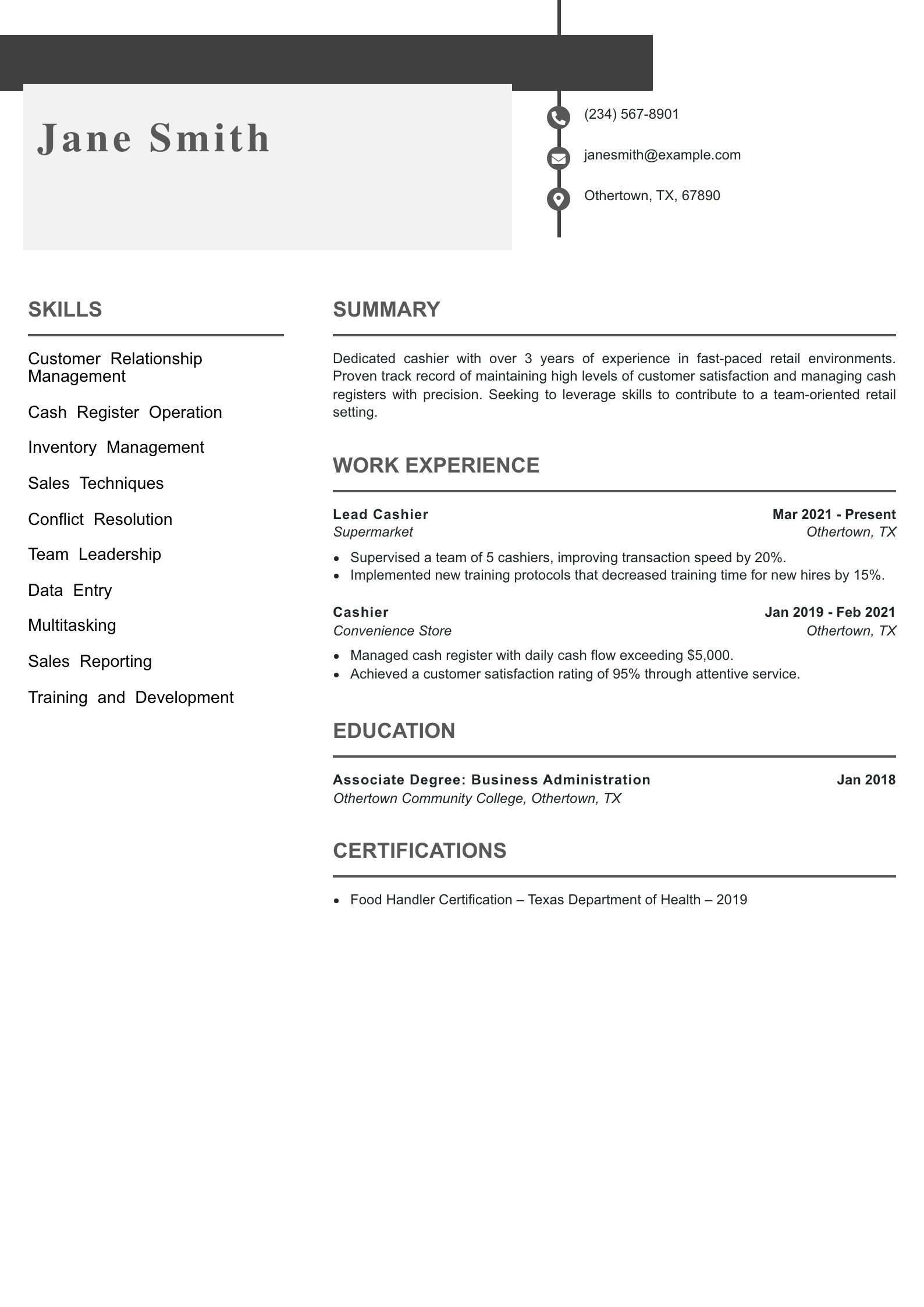 Mid Level Cashier Resume Example