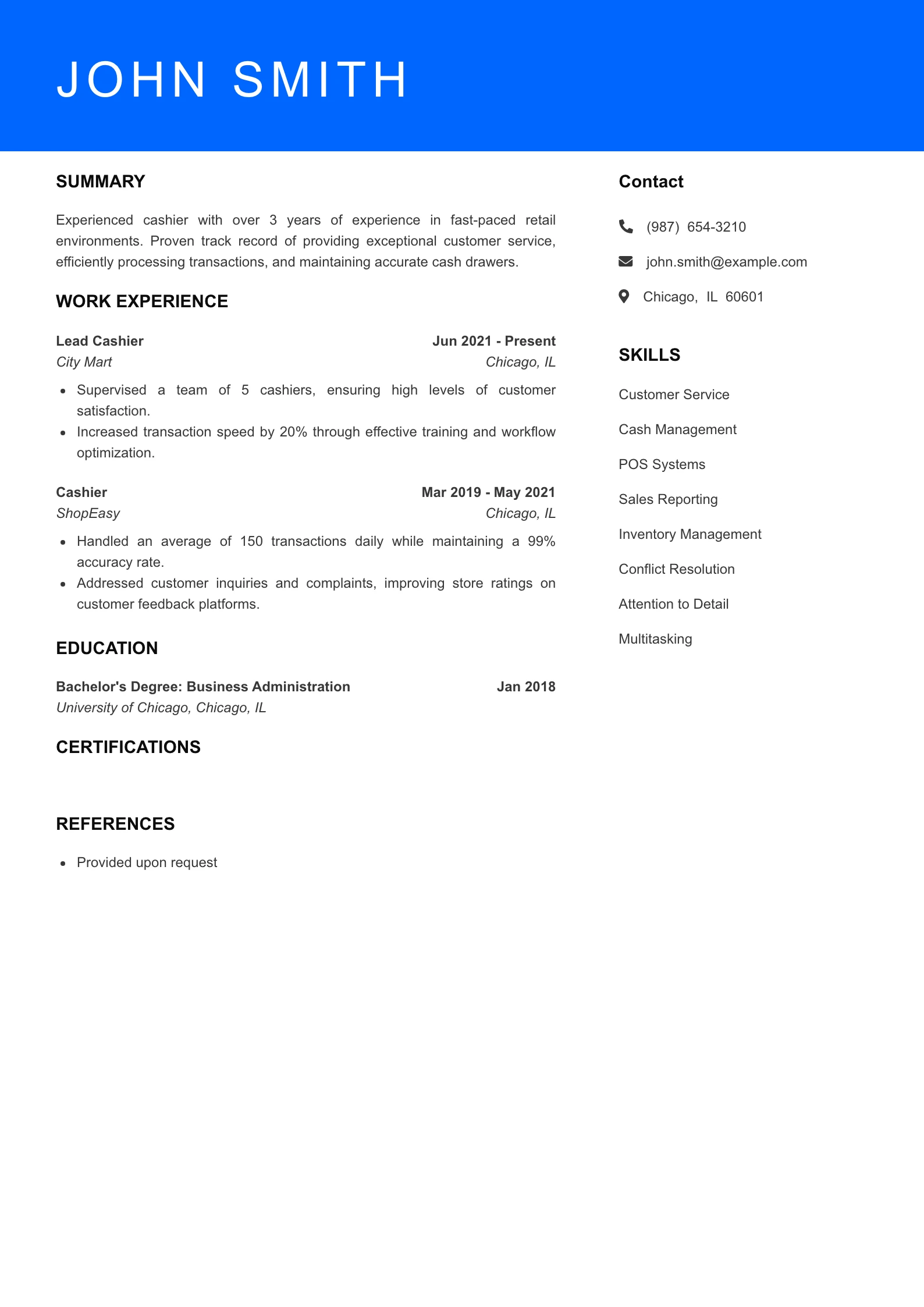 Mid Level Cashier Resume Sample