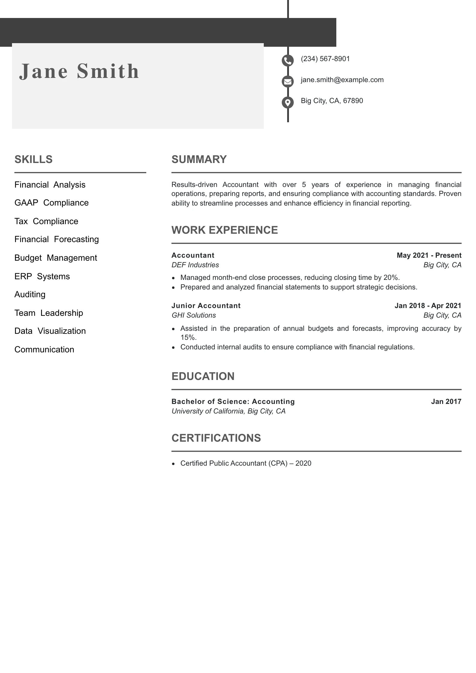 Mid Level Accountant Resume Example