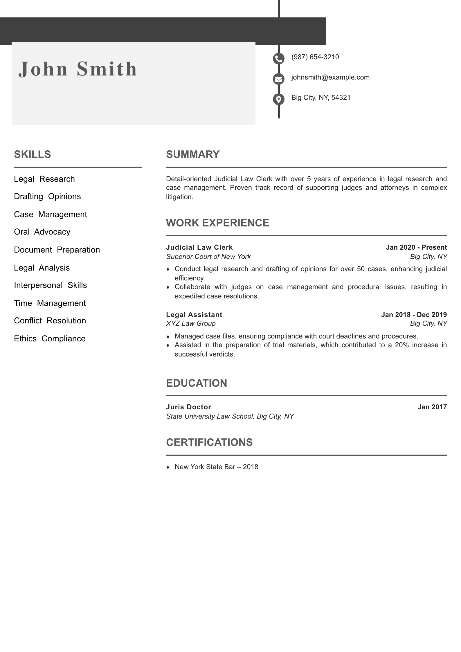 Mid Level Judicial Law Clerk Resume Example