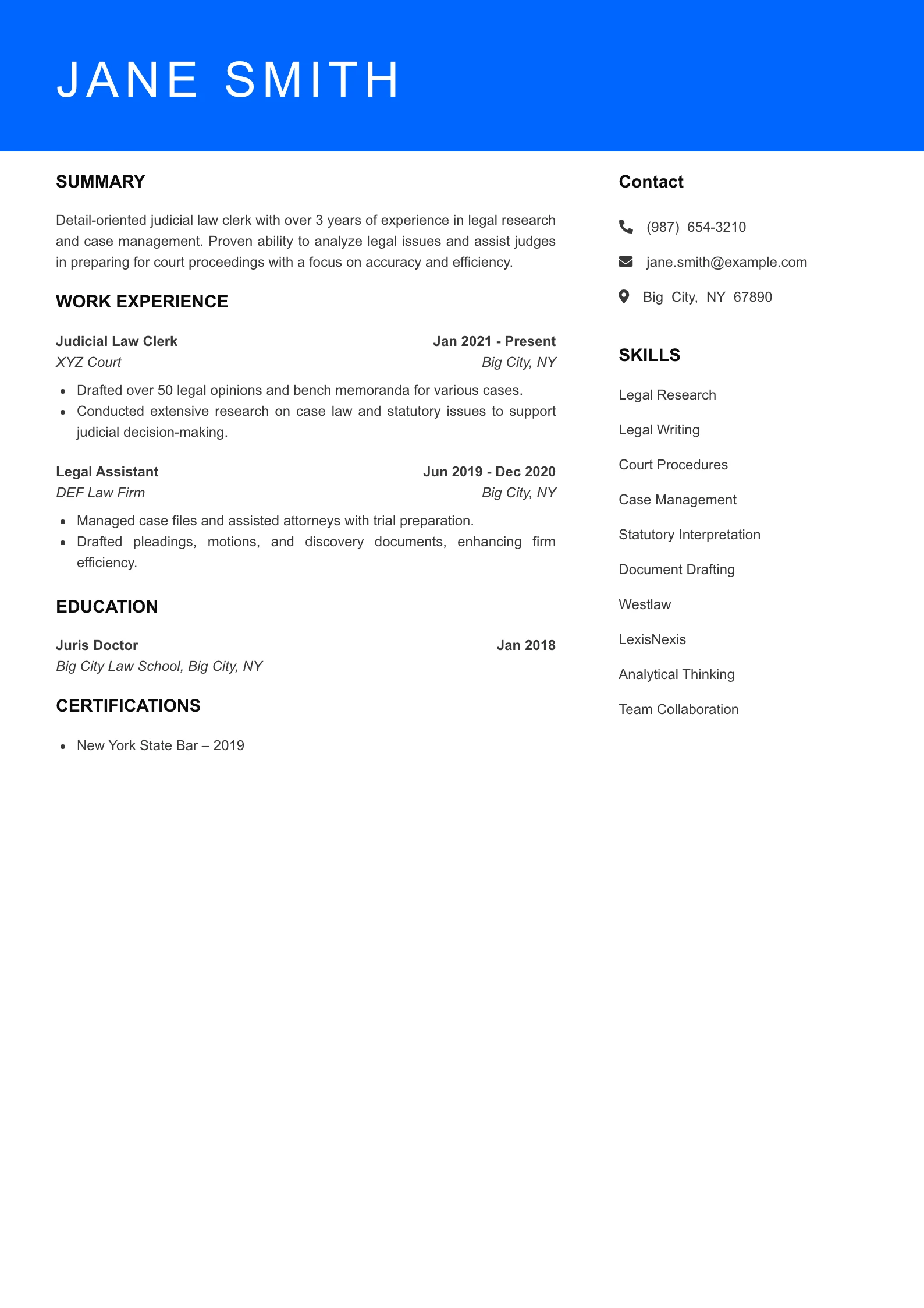 Mid Level Judicial Law Clerk Resume Sample