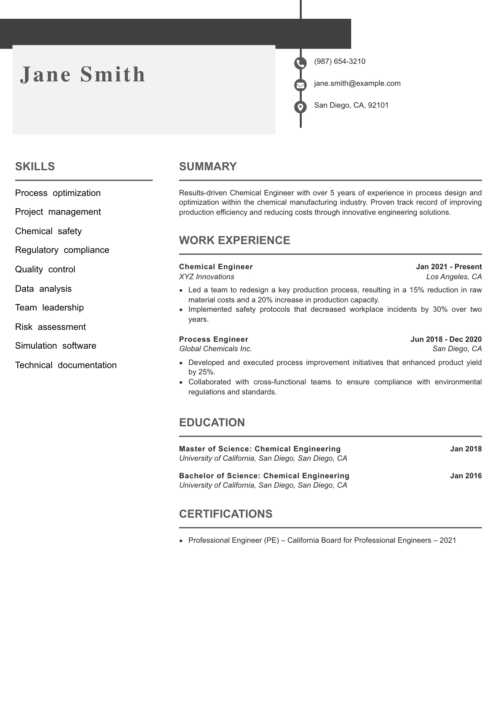 Mid Level Chemical Engineer Resume Example