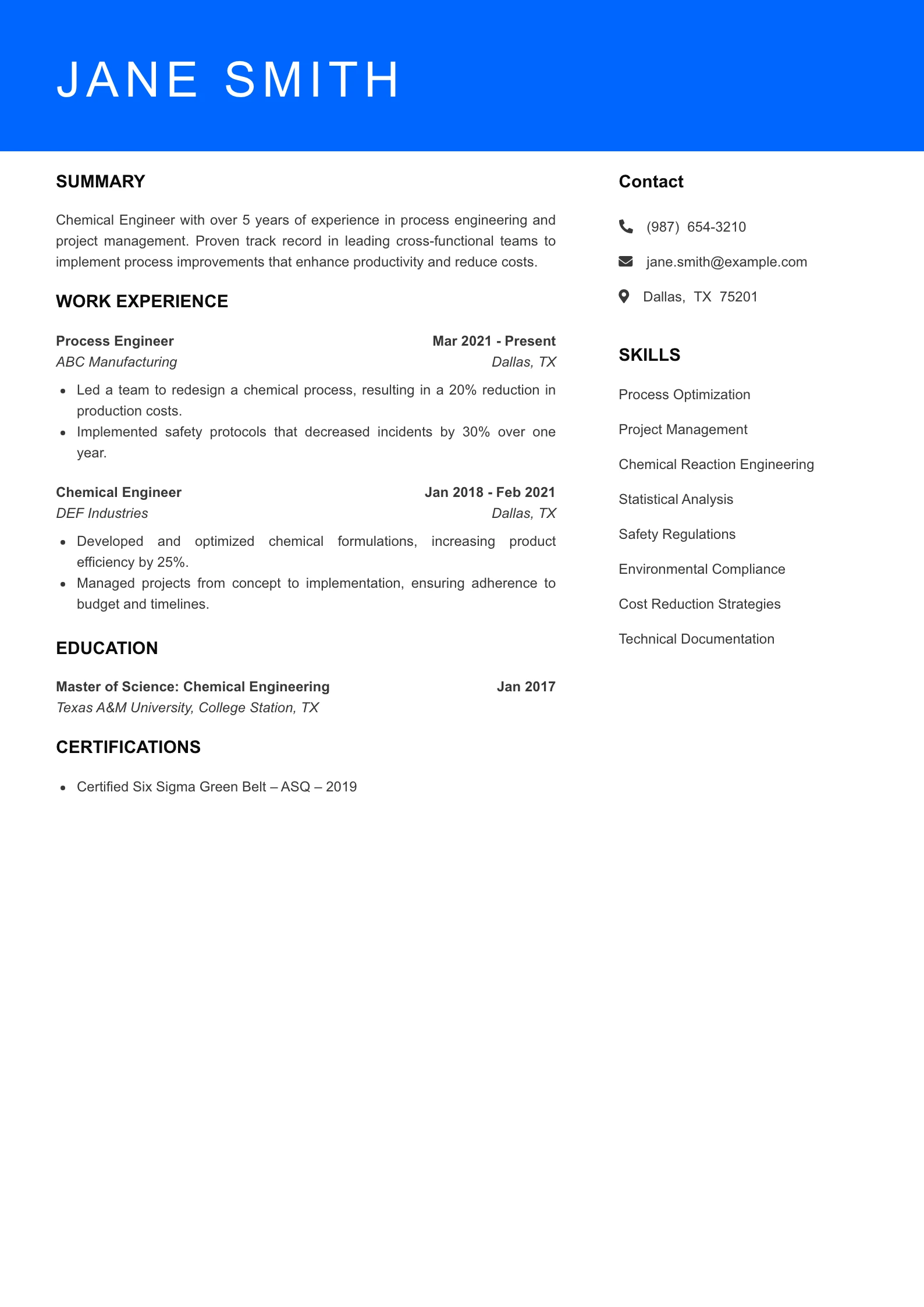 Mid Level Chemical Engineer Resume Sample