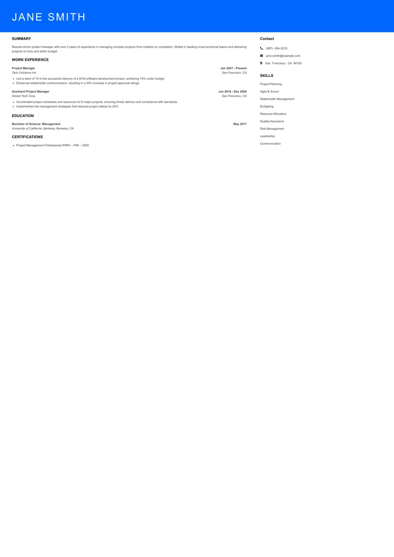 Mid Level Project Manager Resume Sample