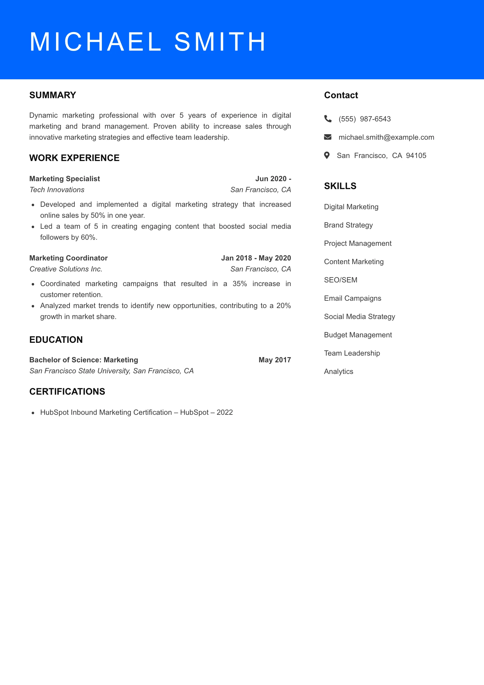 Mid Level Marketing Manager Resume Example