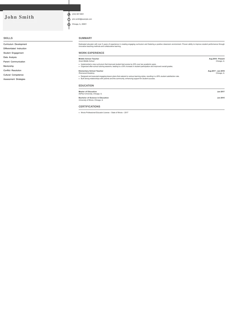Mid Level Teacher Resume Example