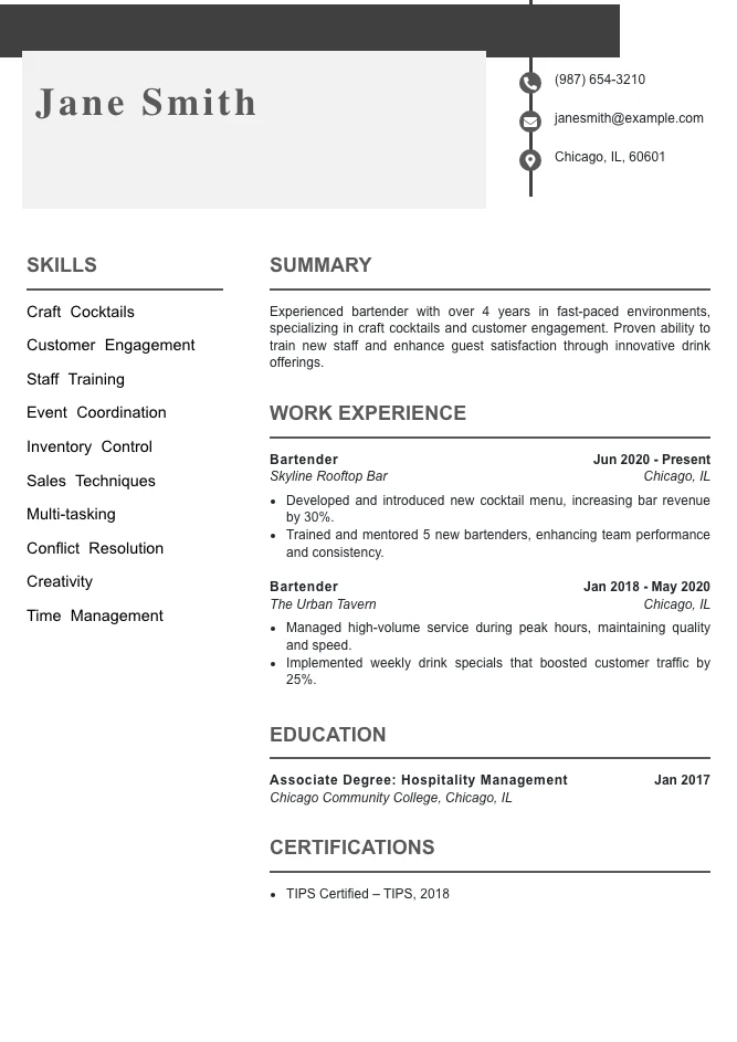Mid Level Bartender Resume Example