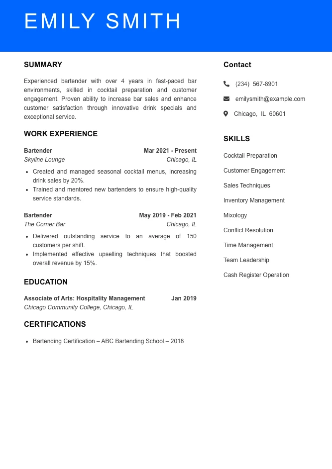Mid Level Bartender Resume Sample