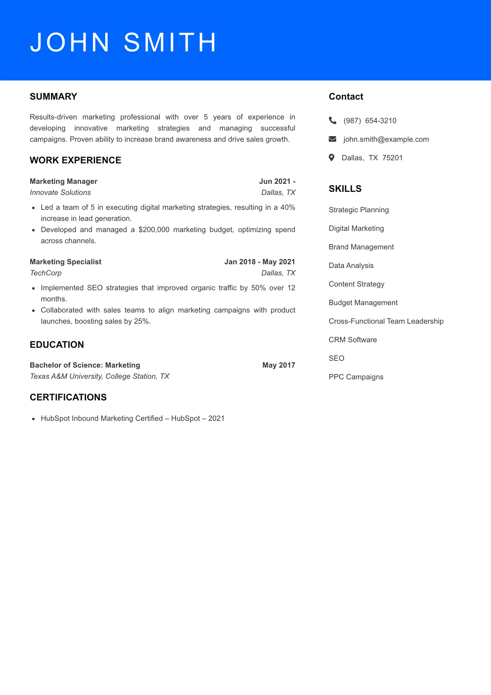 Mid Level Marketing Manager Resume Sample