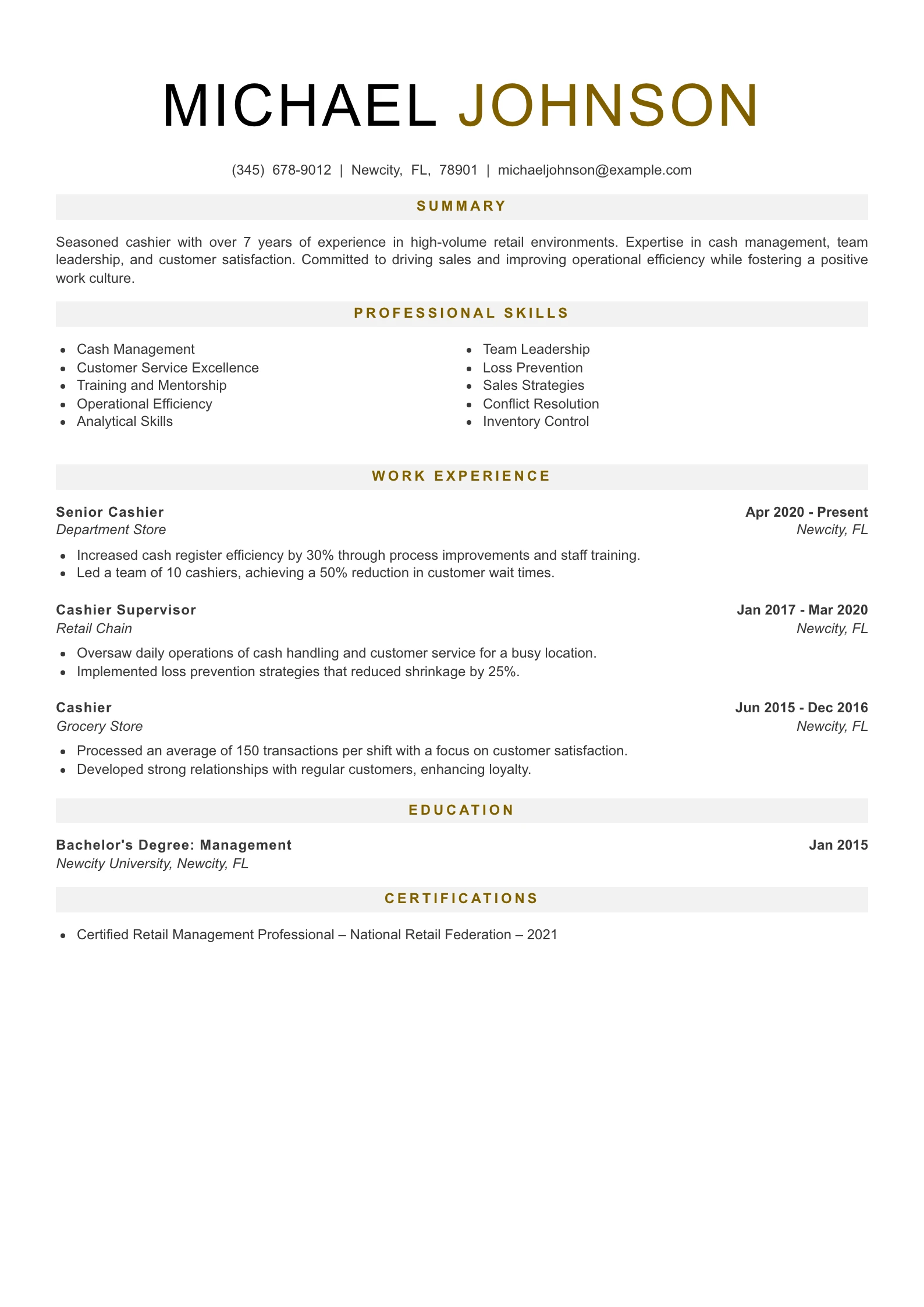 Senior Level Cashier Resume Example