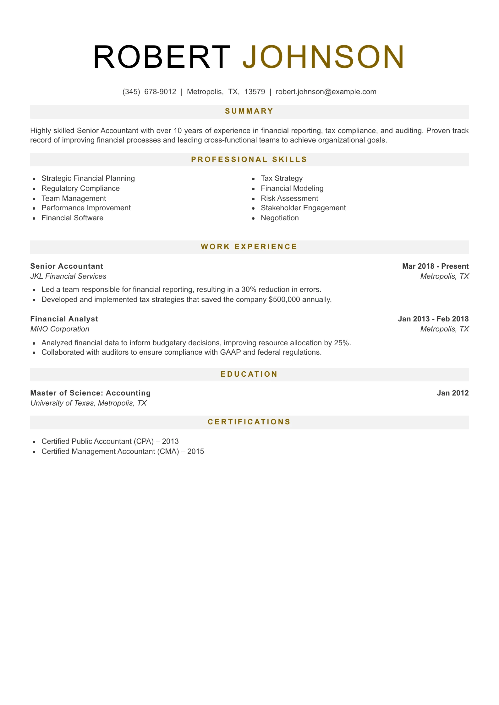 Senior Level Accountant Resume Example