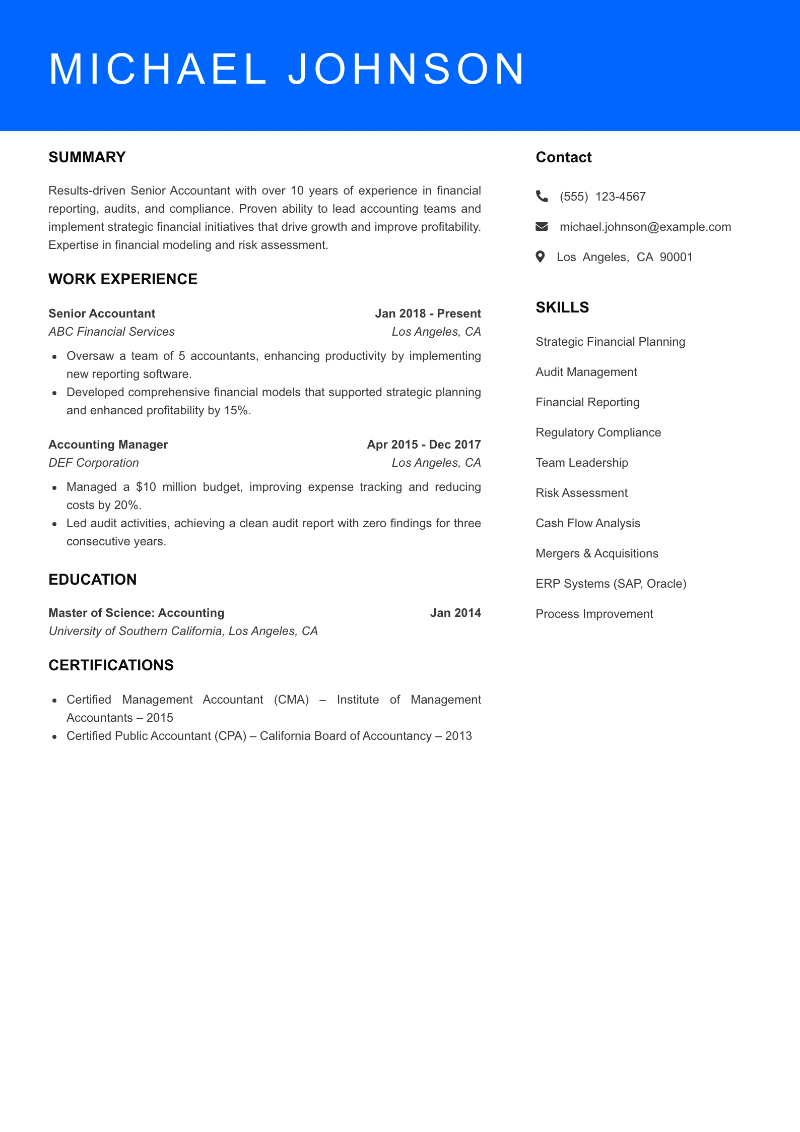 Senior Level Accountant Resume Sample
