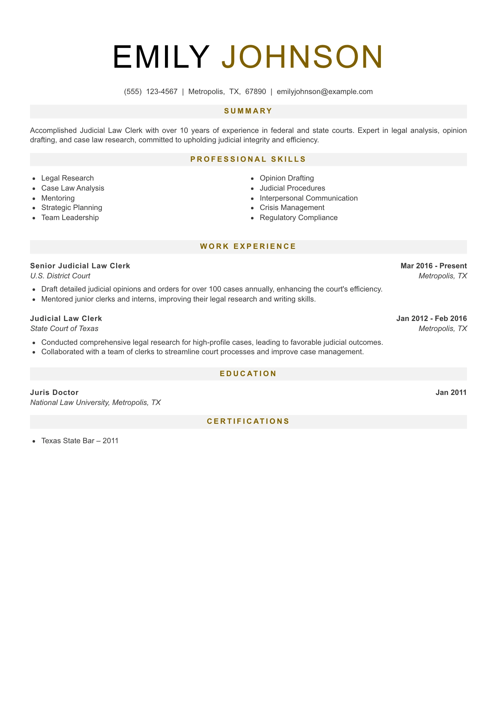 Senior Level Judicial Law Clerk Resume Example