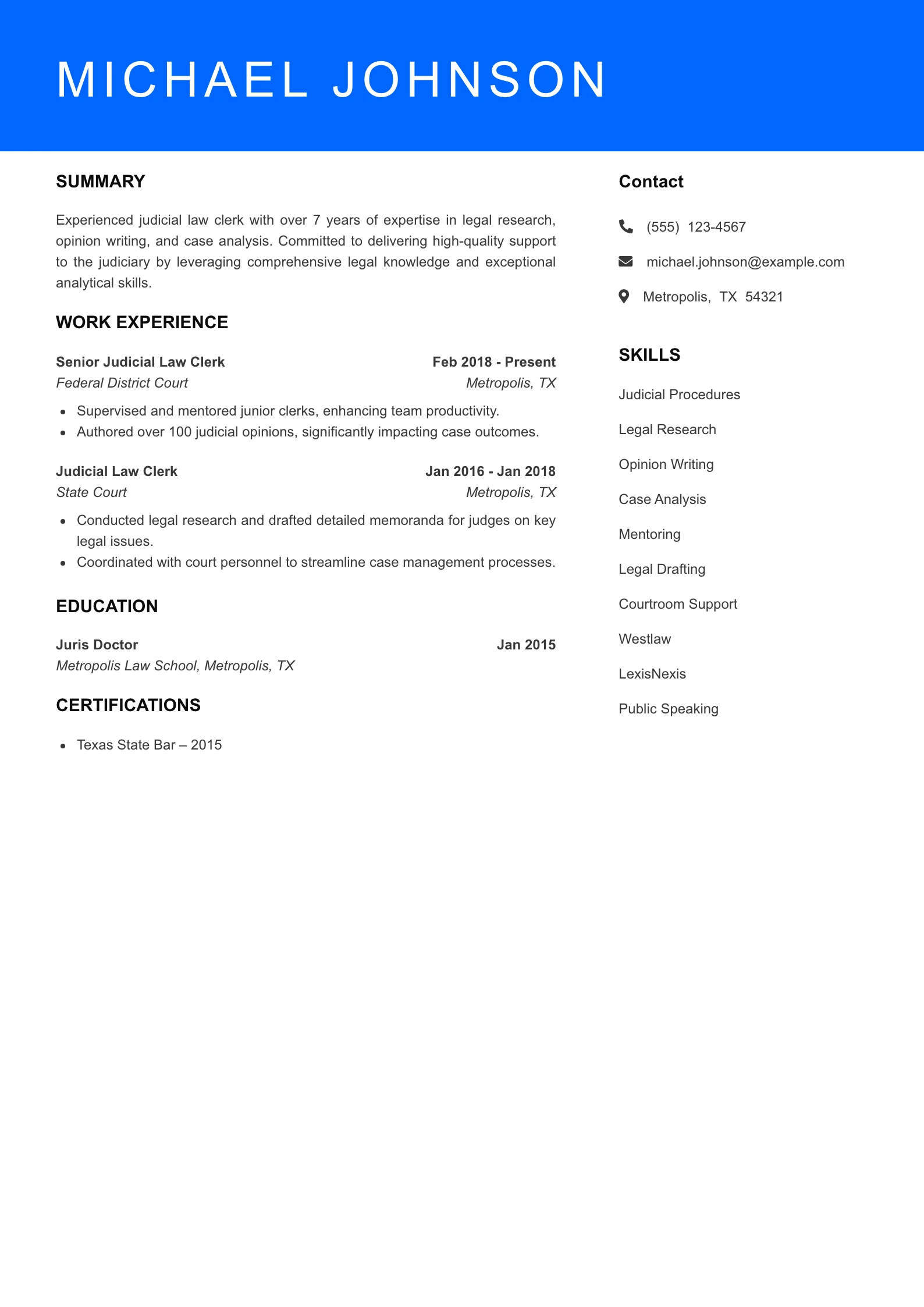 Senior Level Judicial Law Clerk Resume Sample