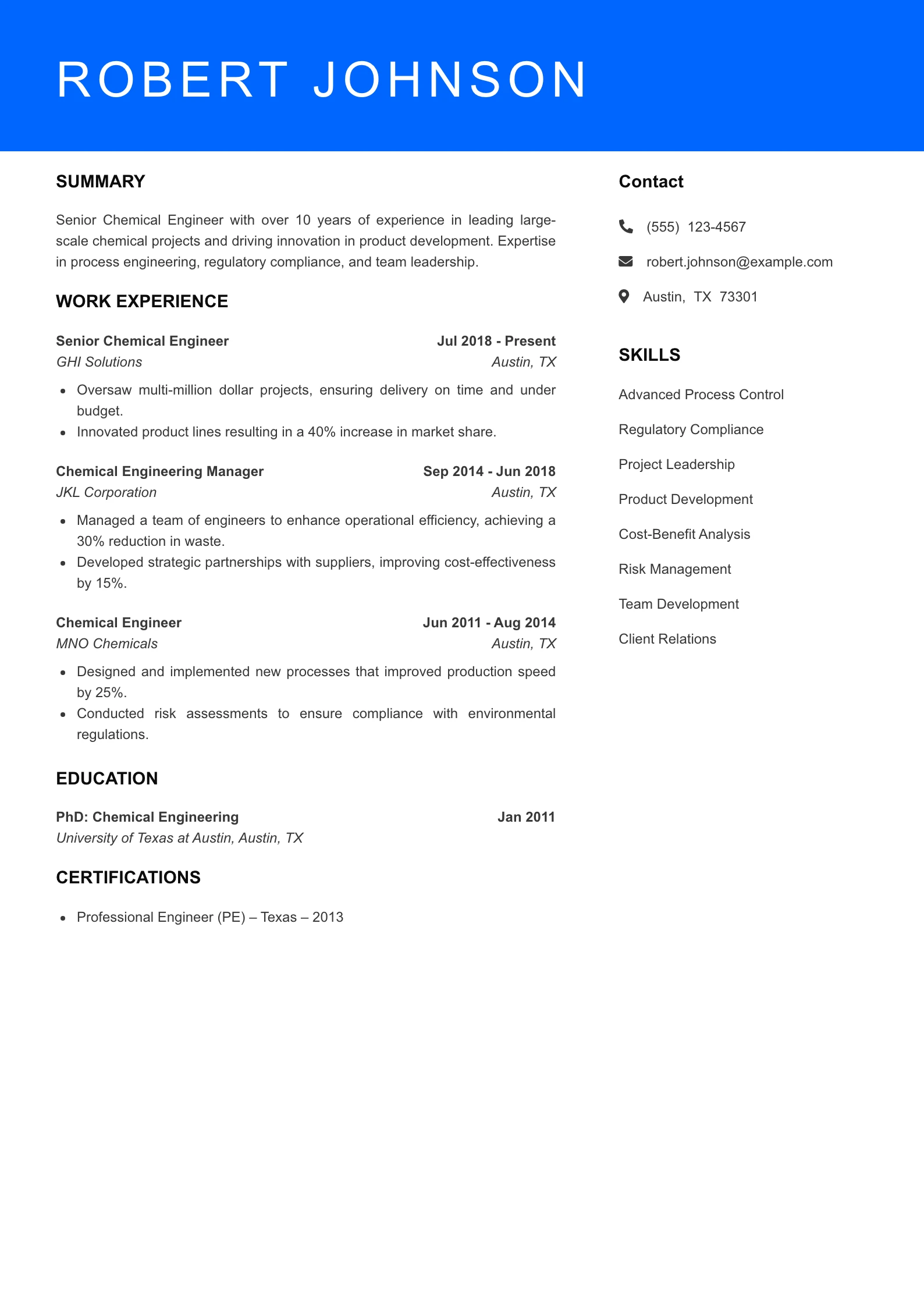 Senior Level Chemical Engineer Resume Sample