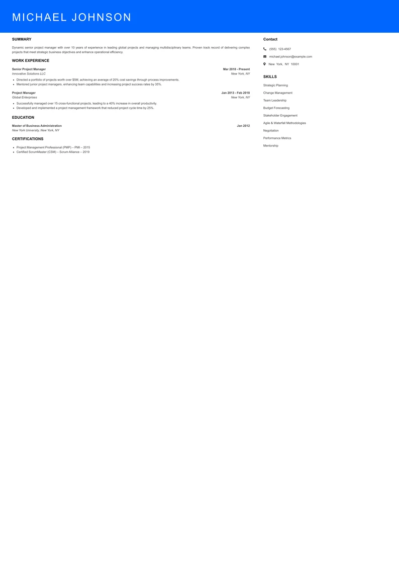 Senior Level Project Manager Resume Sample