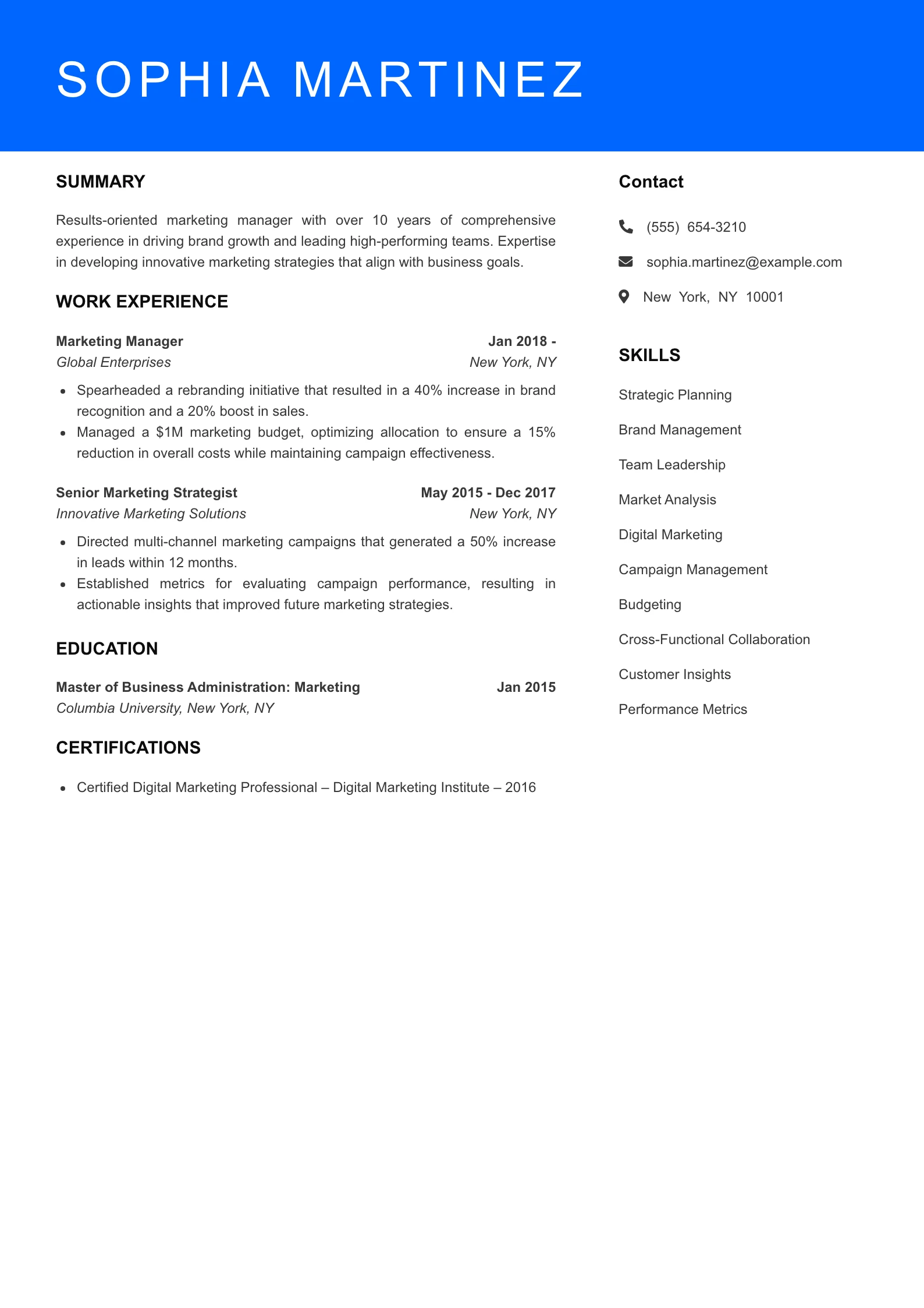 Senior Level Marketing Manager Resume Example