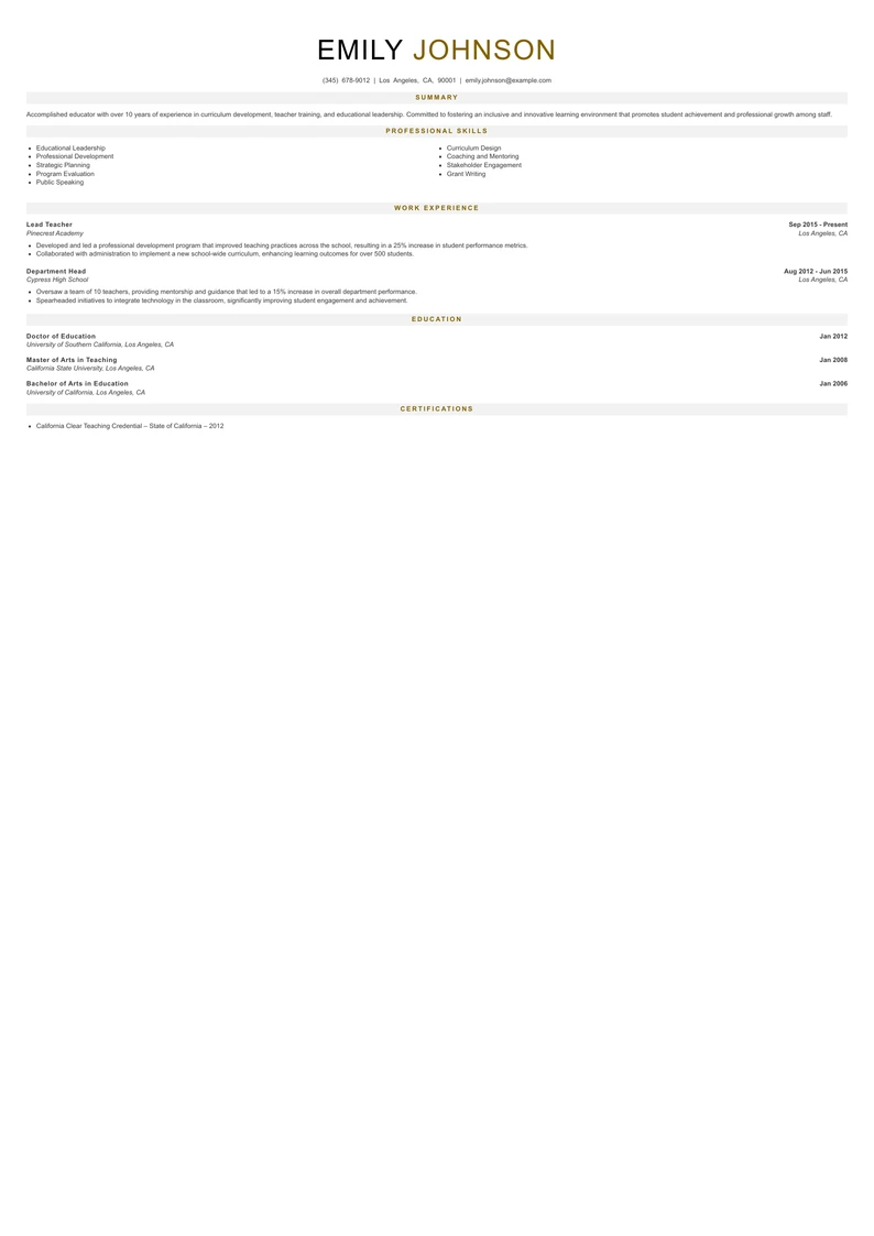 Senior Level Teacher Resume Example