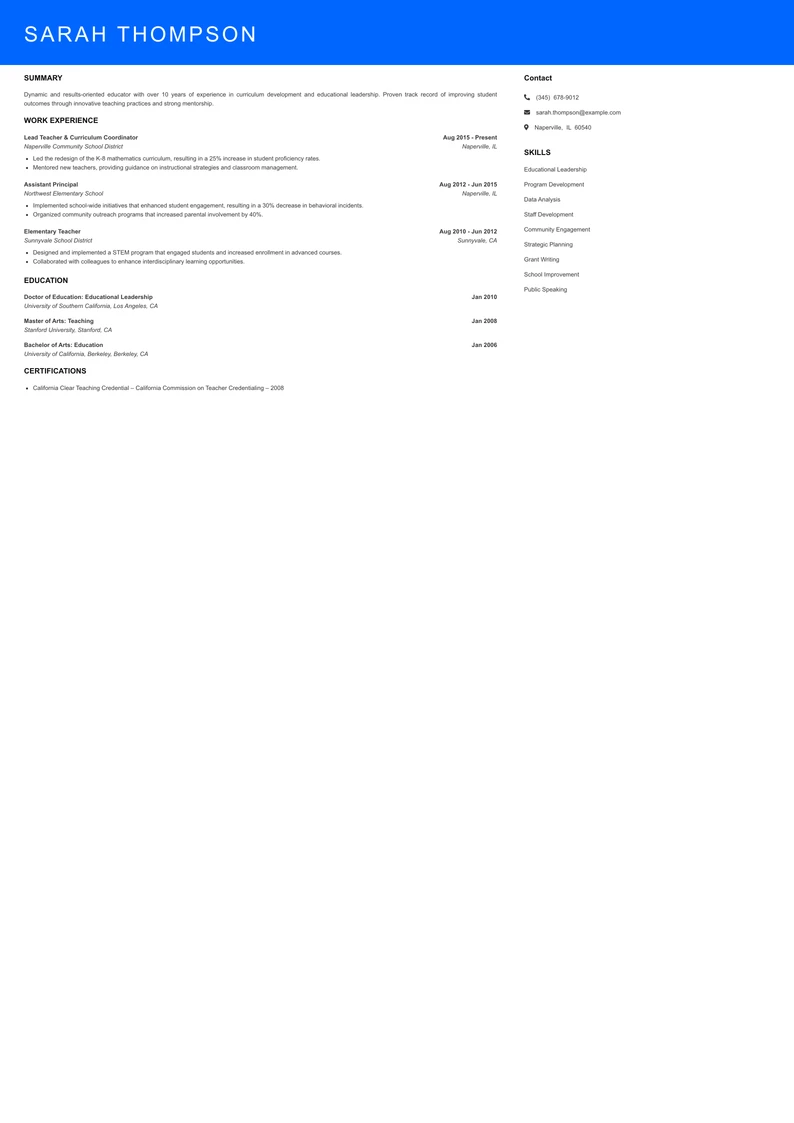 Senior Level Teacher Resume Sample