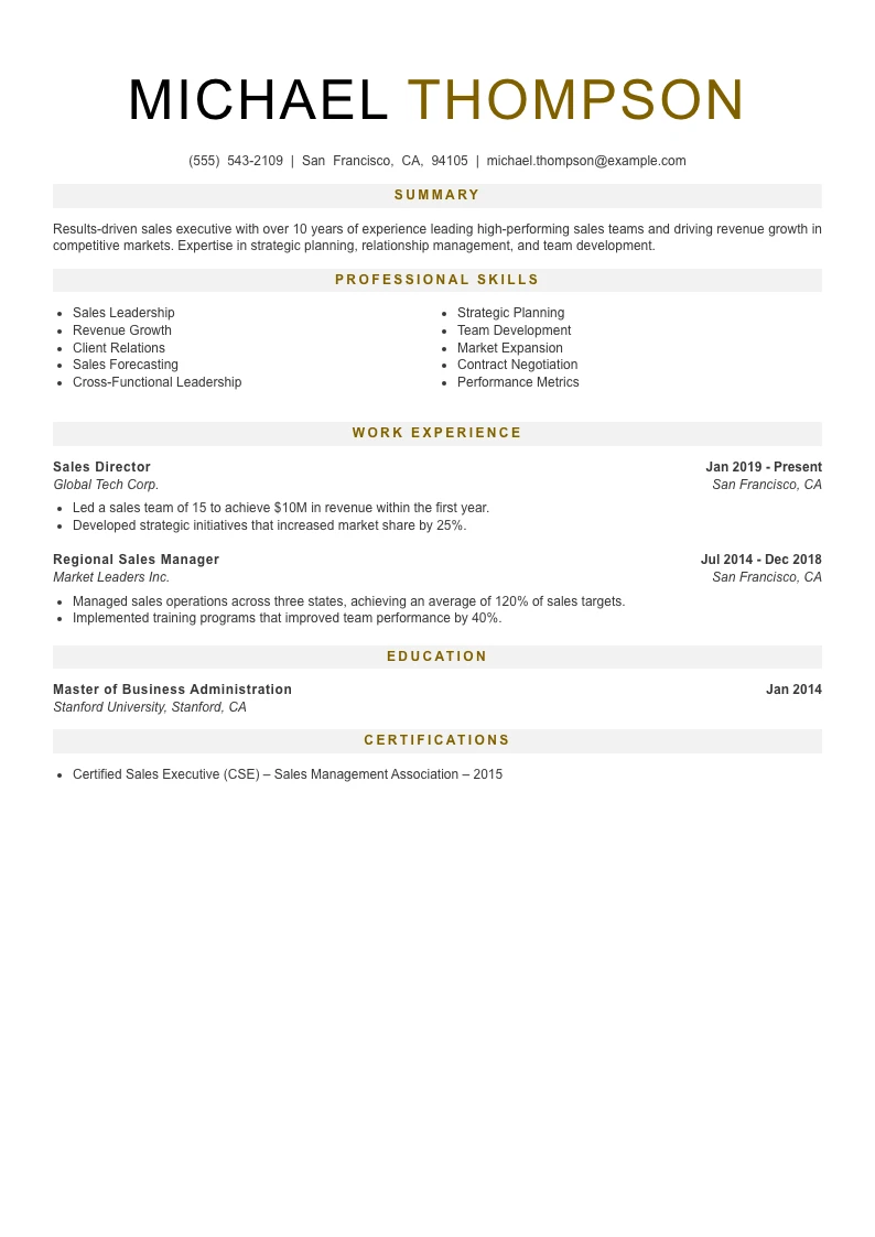Senior Level Sales Resume Example
