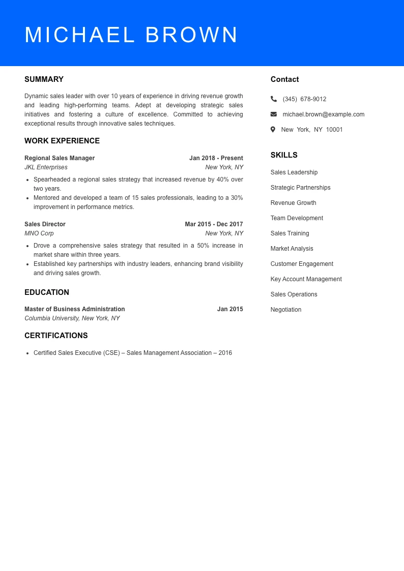Senior Level Sales Resume Sample