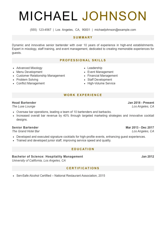 Senior Level Bartender Resume Example