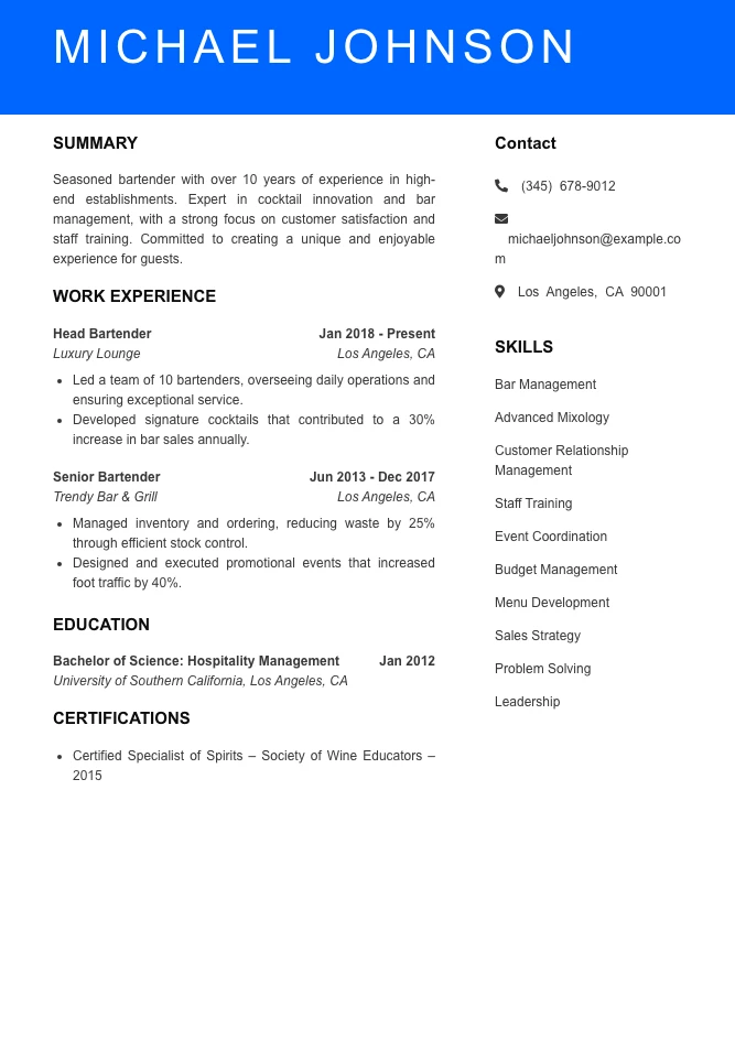 Senior Level Bartender Resume Sample
