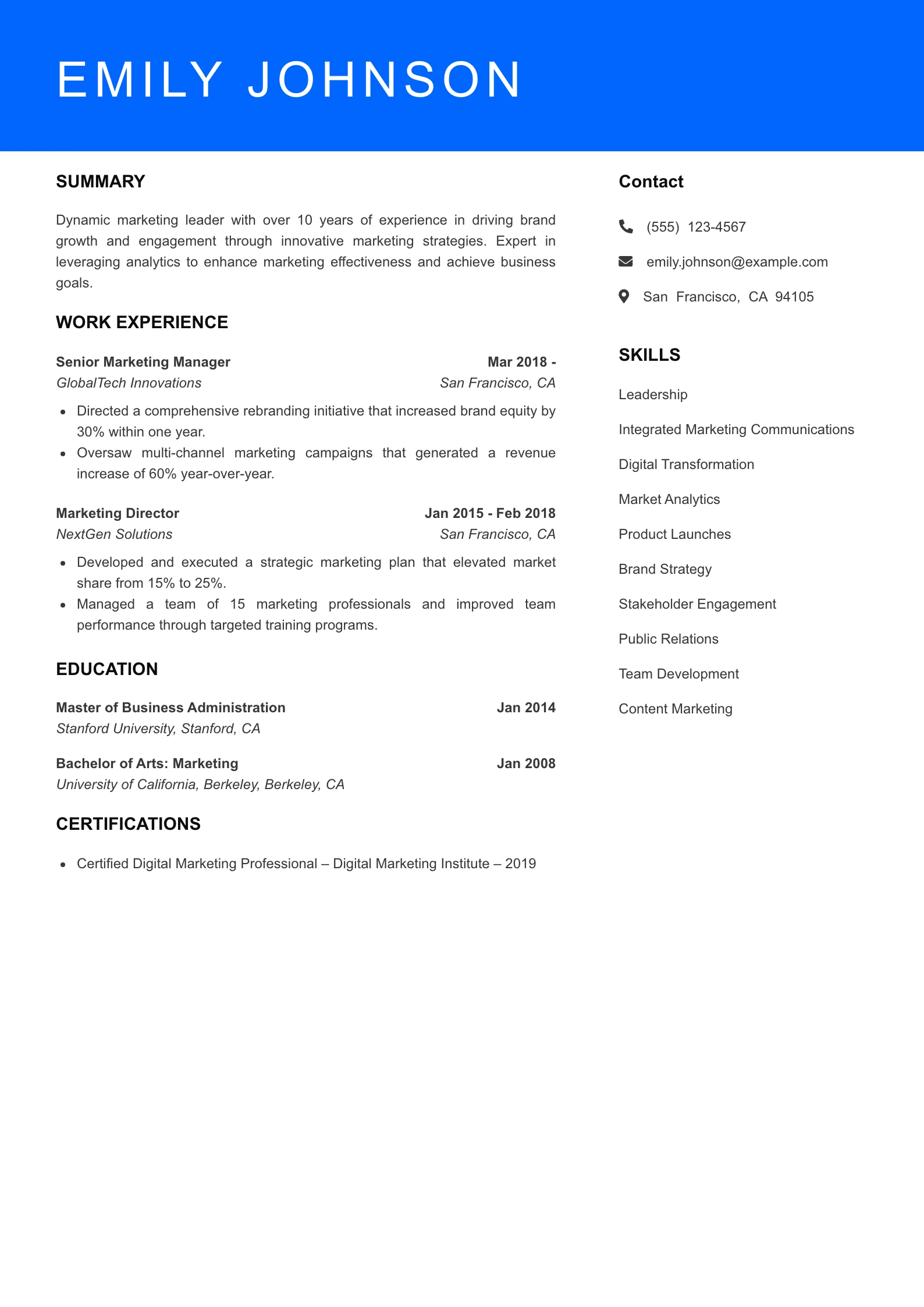 Senior Level Marketing Manager Resume Sample
