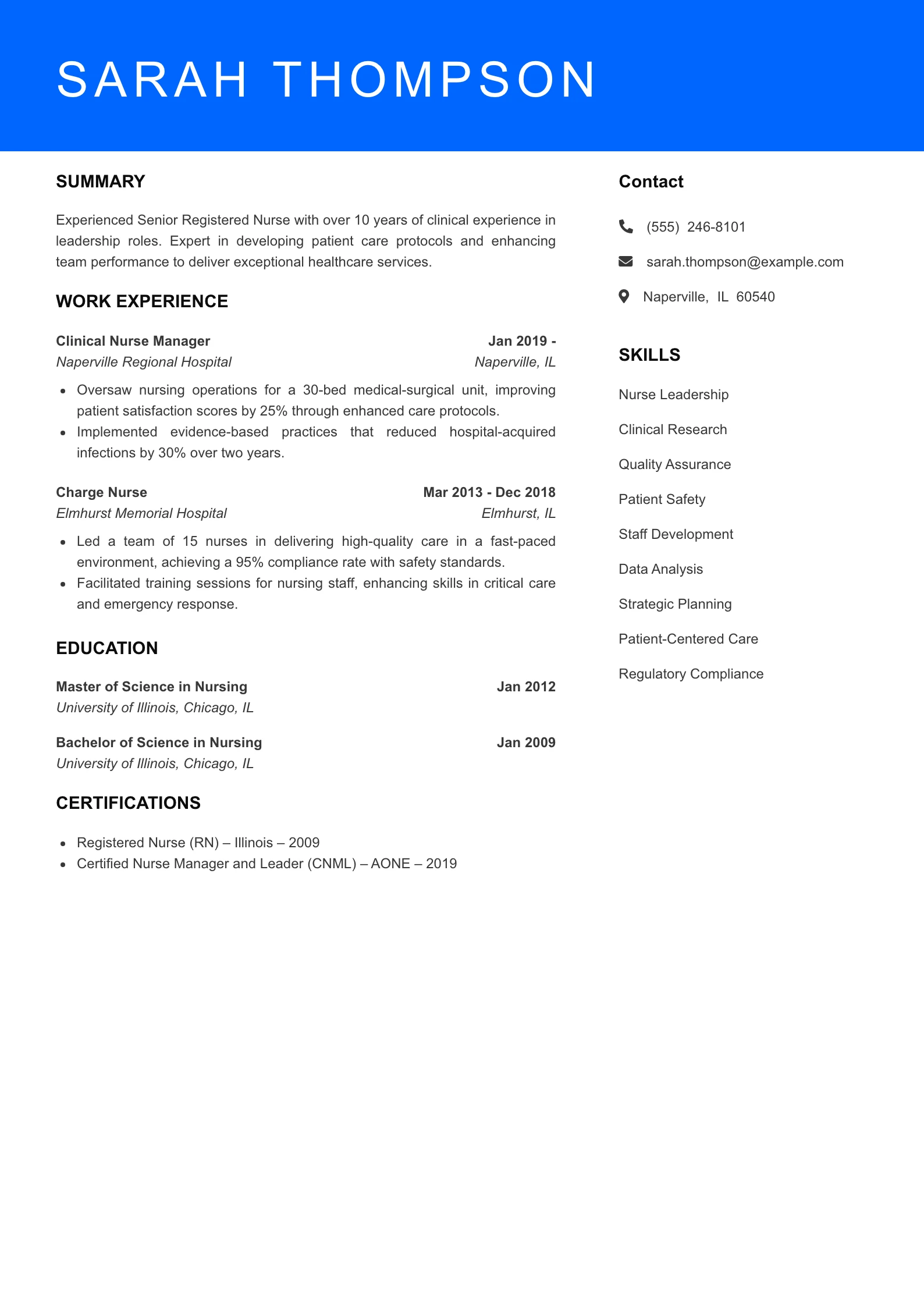 Senior Level Registered Nurse Resume Sample