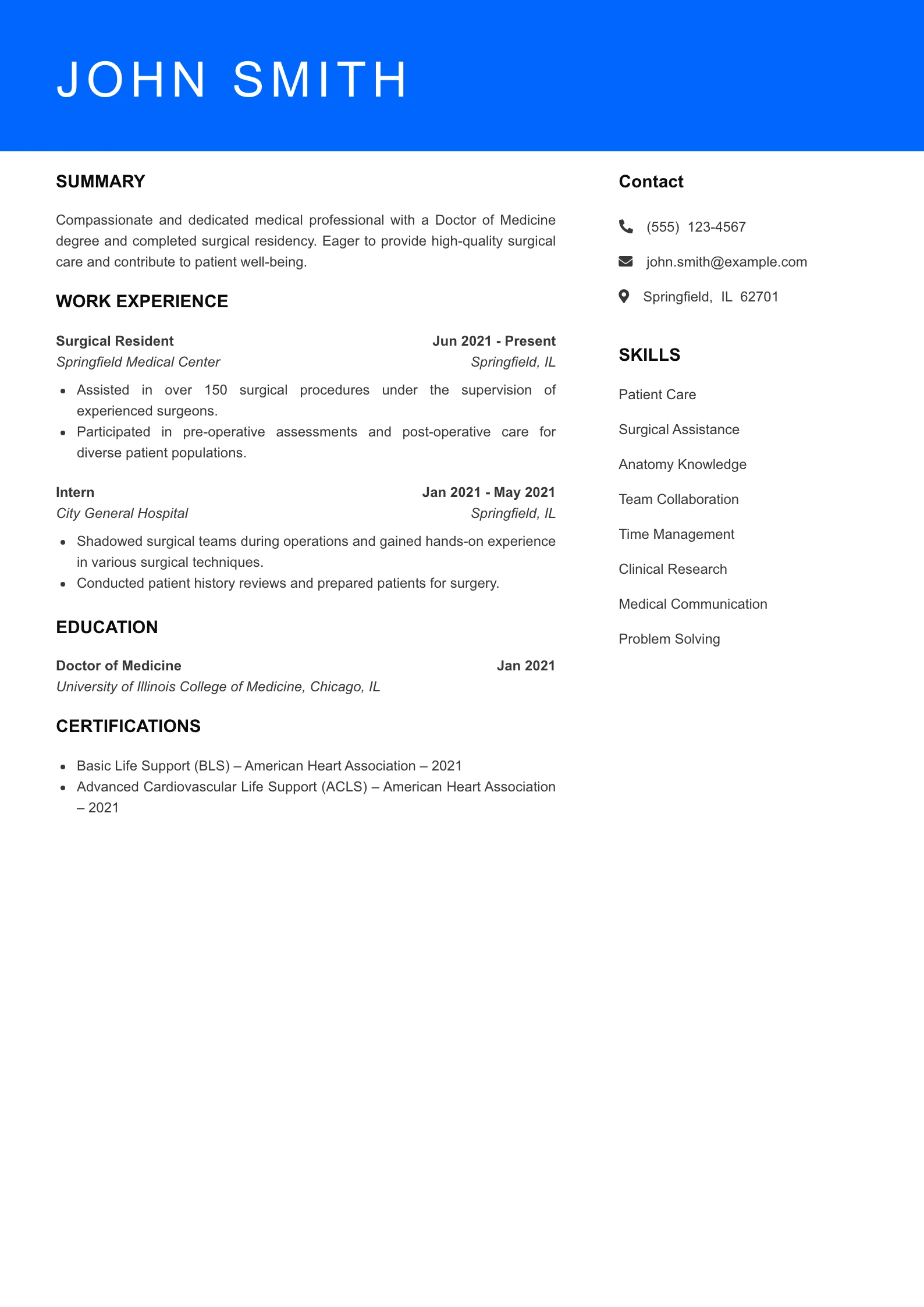 Selected Surgeon Resume