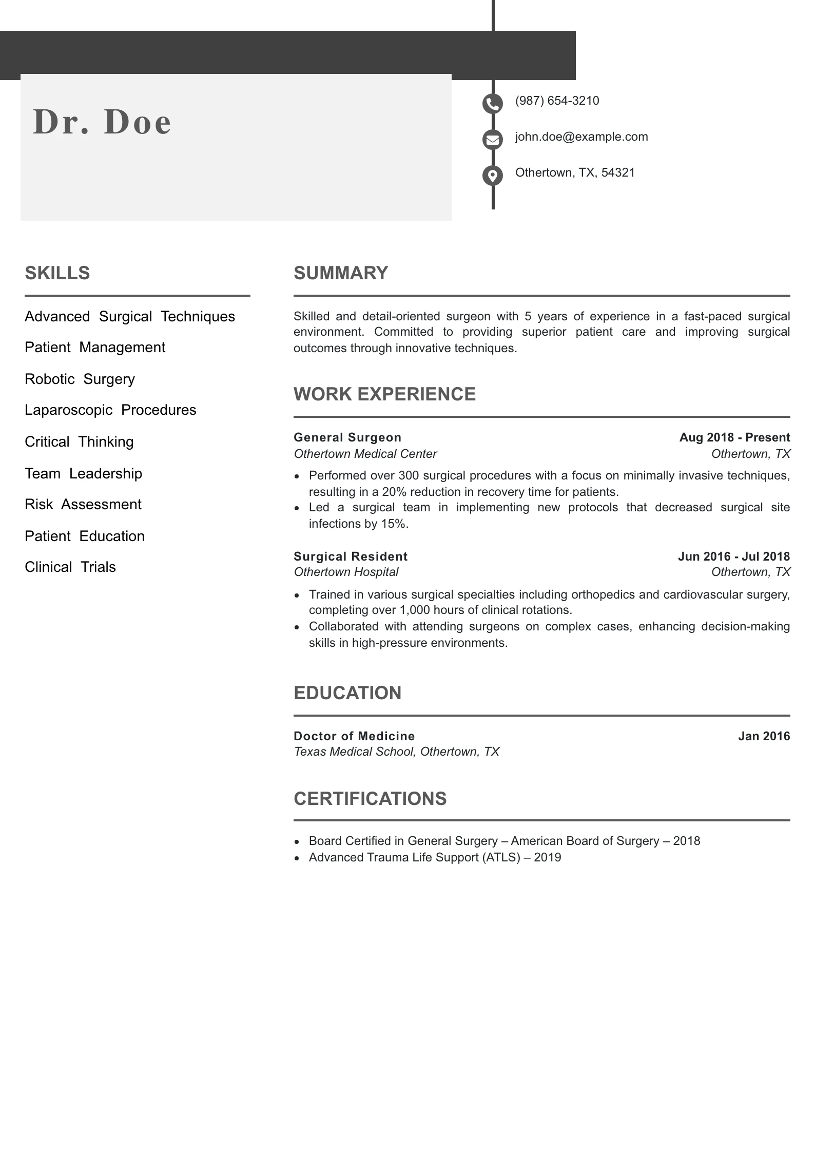 Mid Level Surgeon Resume Example