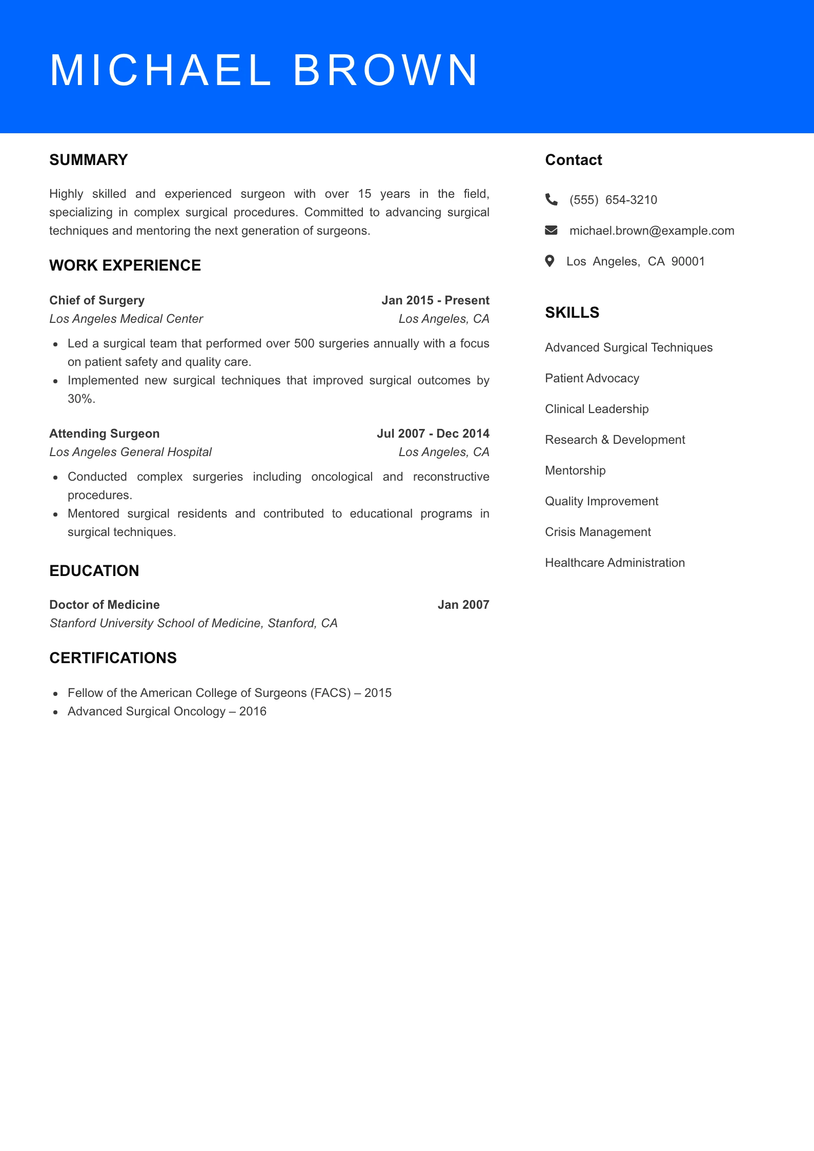 Senior Level Surgeon Resume Sample