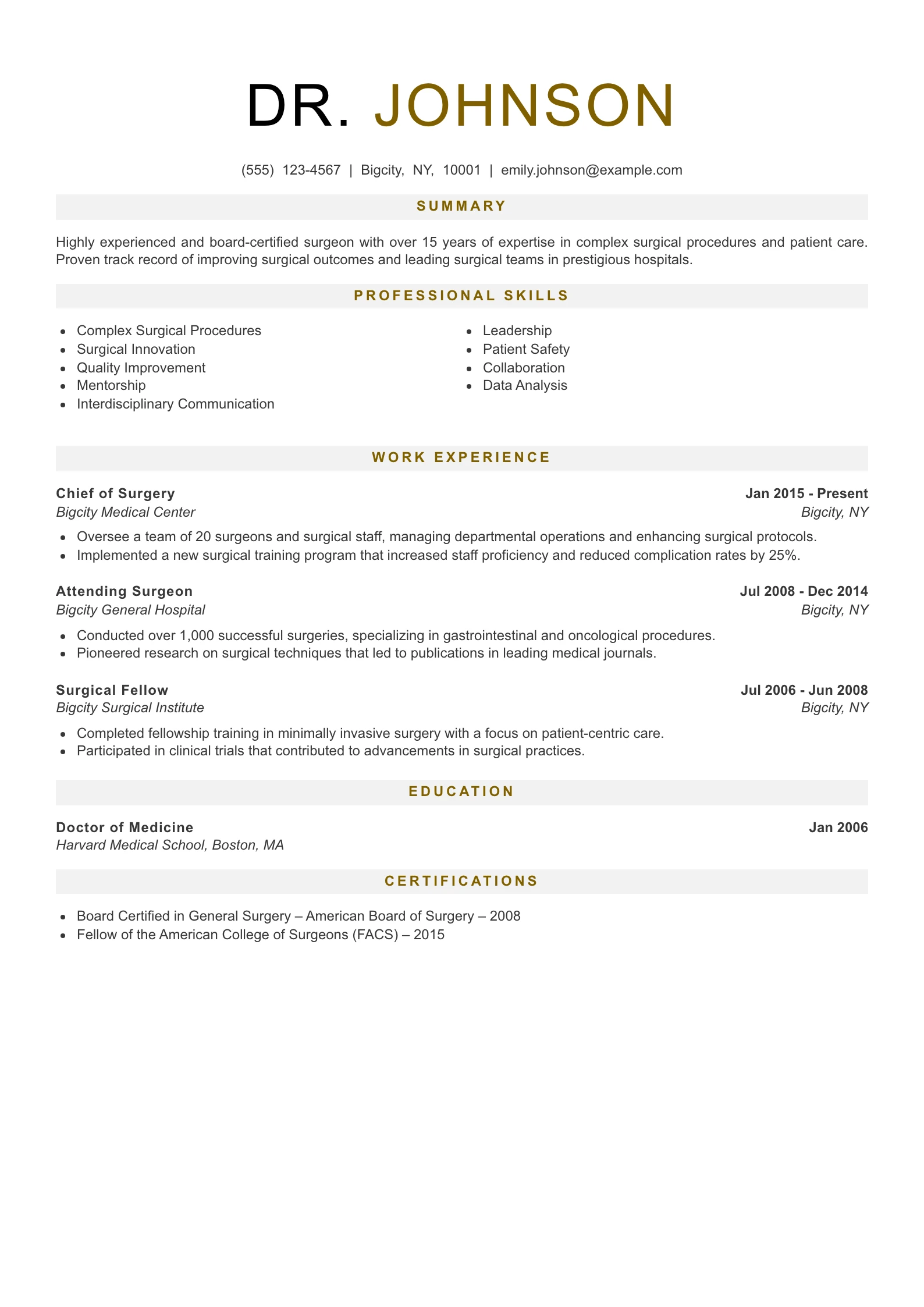 Senior Level Surgeon Resume Example