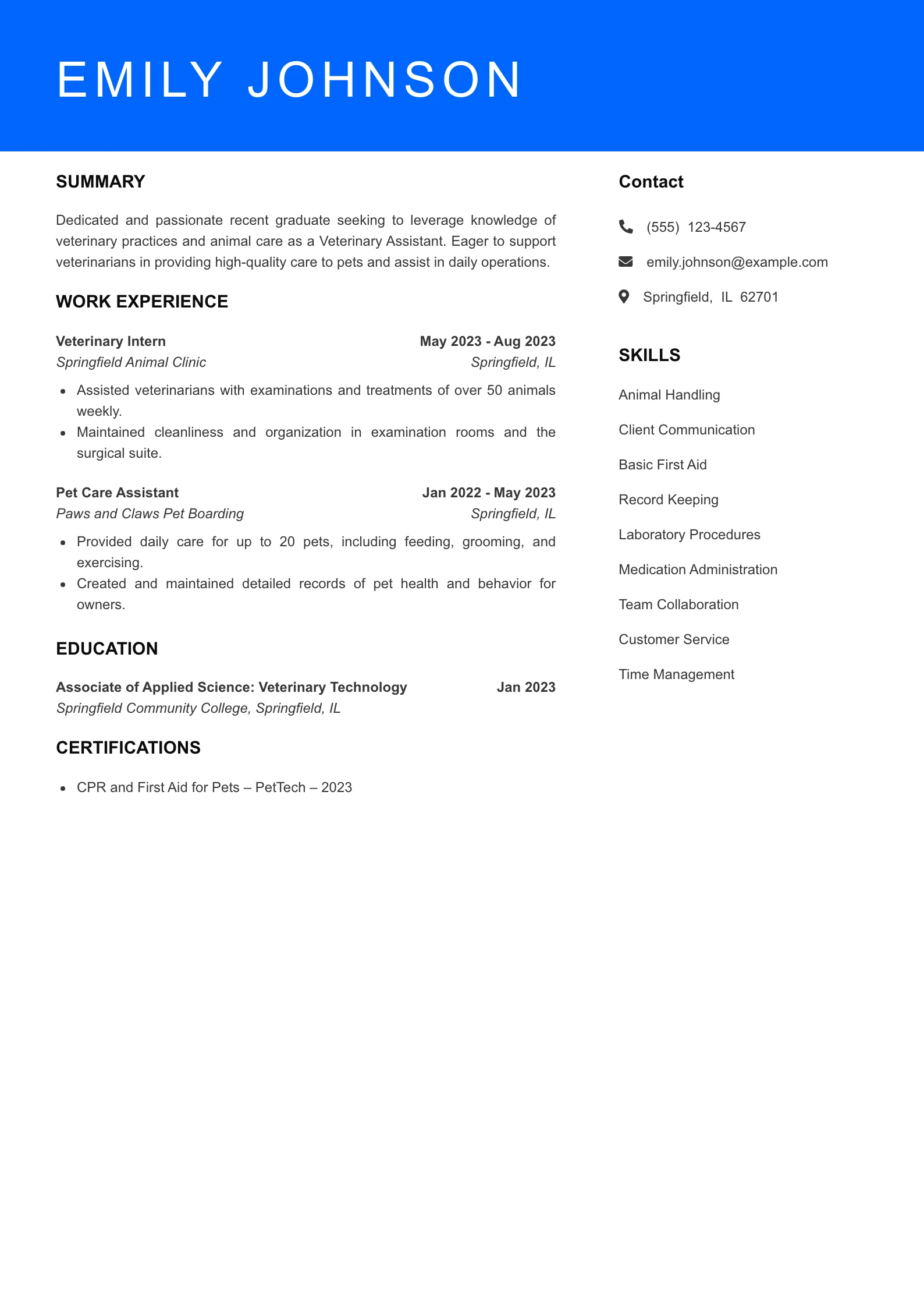 Selected Veterinary Assistant Resume